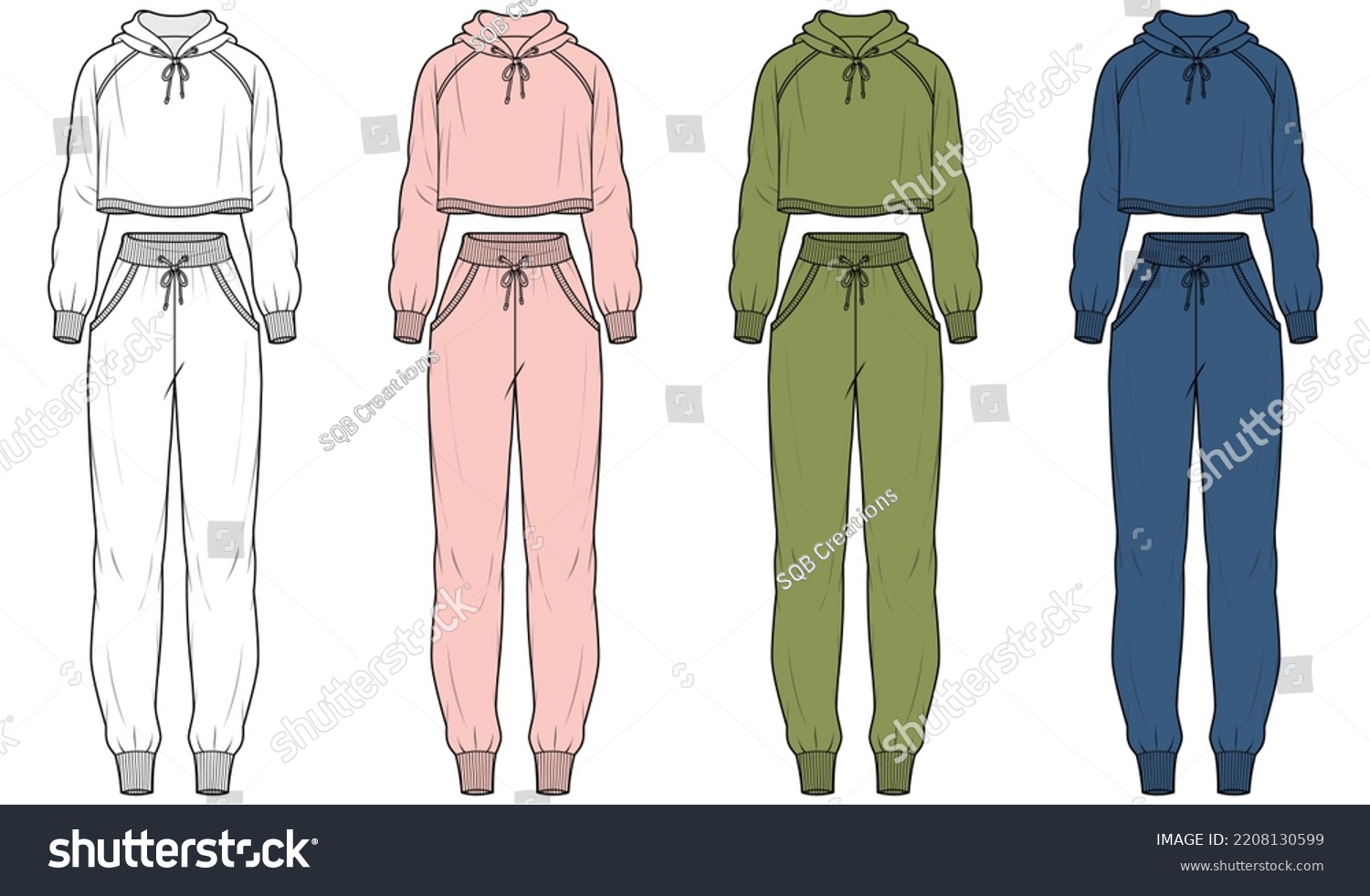 SVG of womens tracksuit set ladies plain crop top hoodie and jogging bottom technical drawing flat sketch vector illustration template. isolated on white background cad mockup. svg