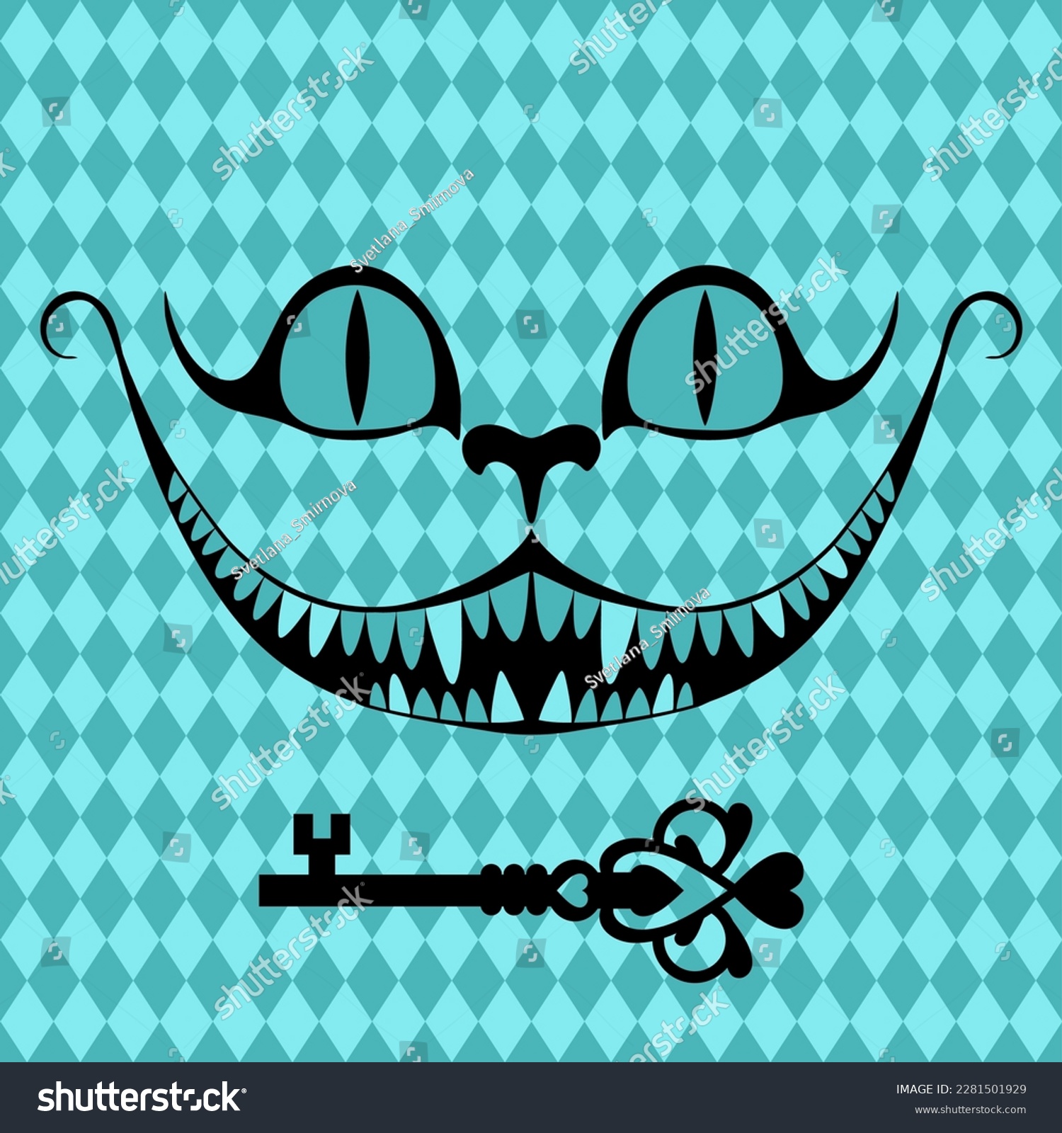 SVG of Wonderland vector card. Mad tea party. Black silhouettes  the smile of the Cheshire cat and the key to wonderland on blue checkered background svg