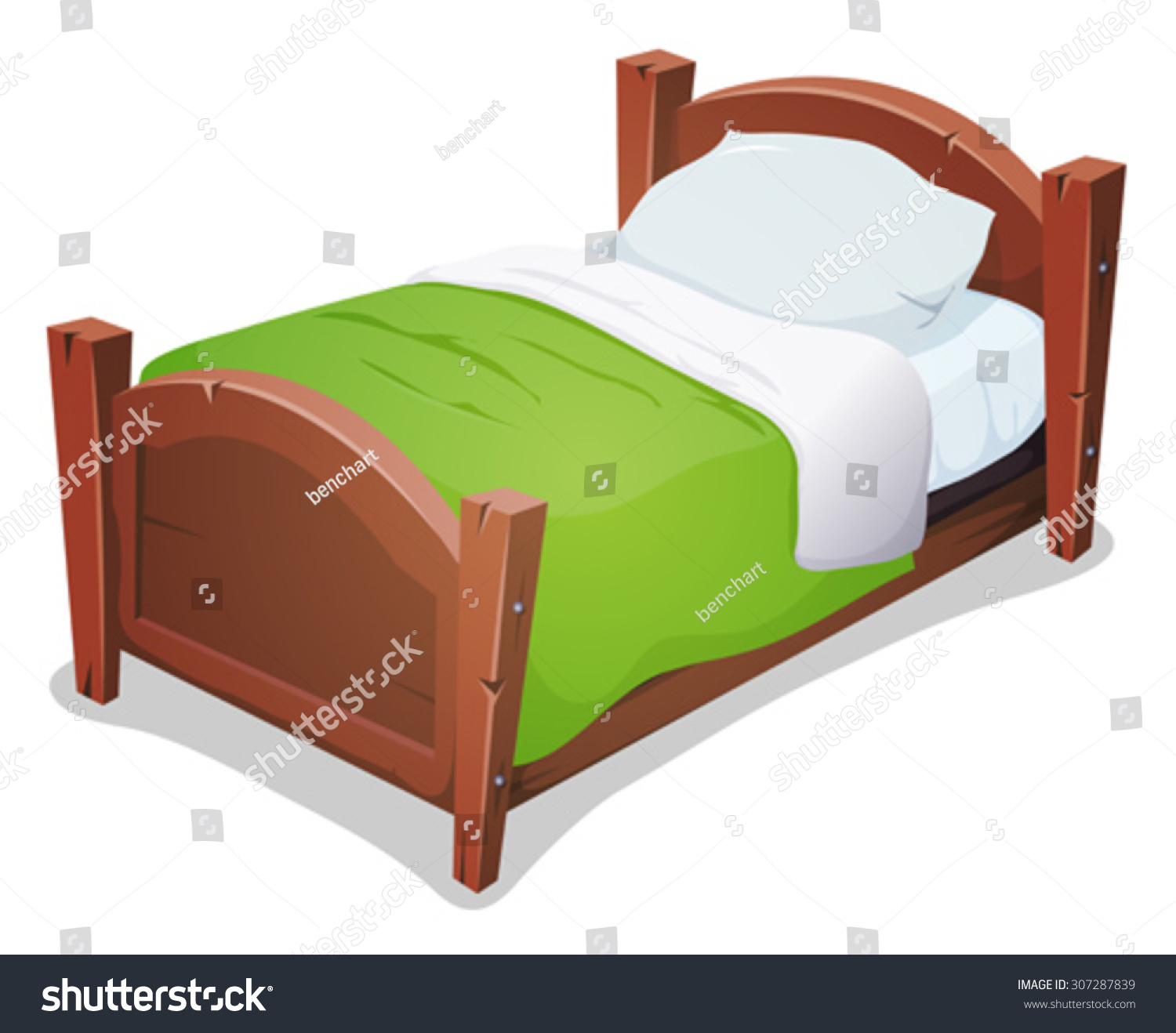 Wood Bed Green Blanket illustration Cartoon Wooden Stock