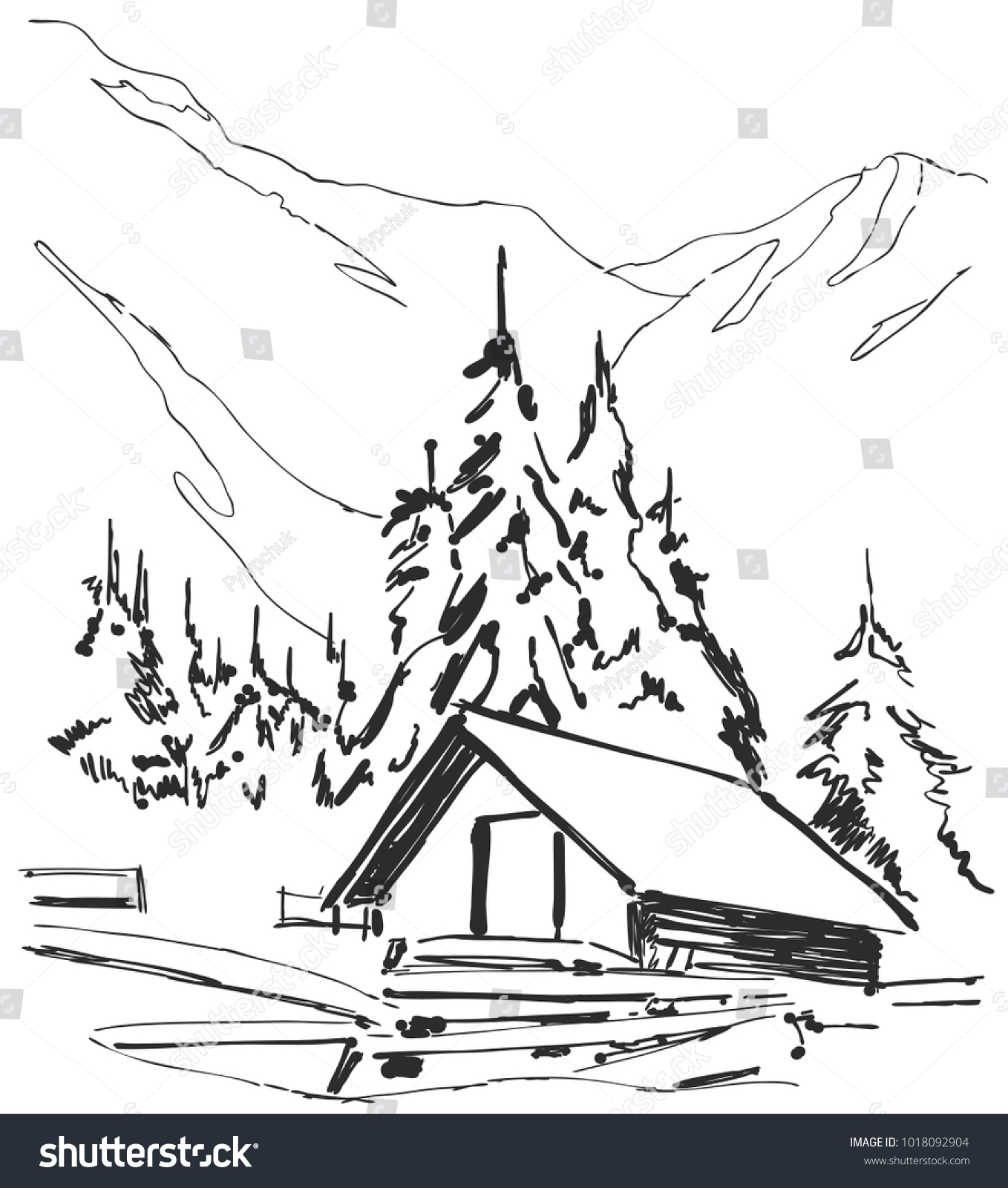 Wood Cabins Mountain Landscape Vector Illustration Stock Vector ...