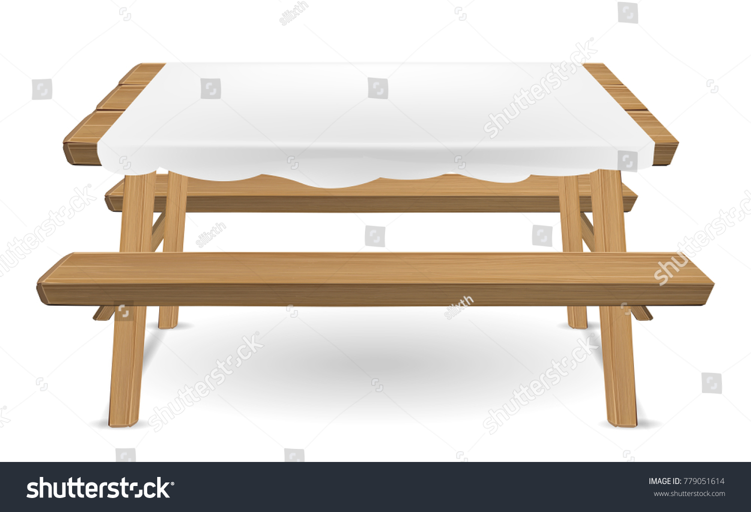 wooden picnic table with white tablecloth clip art preview