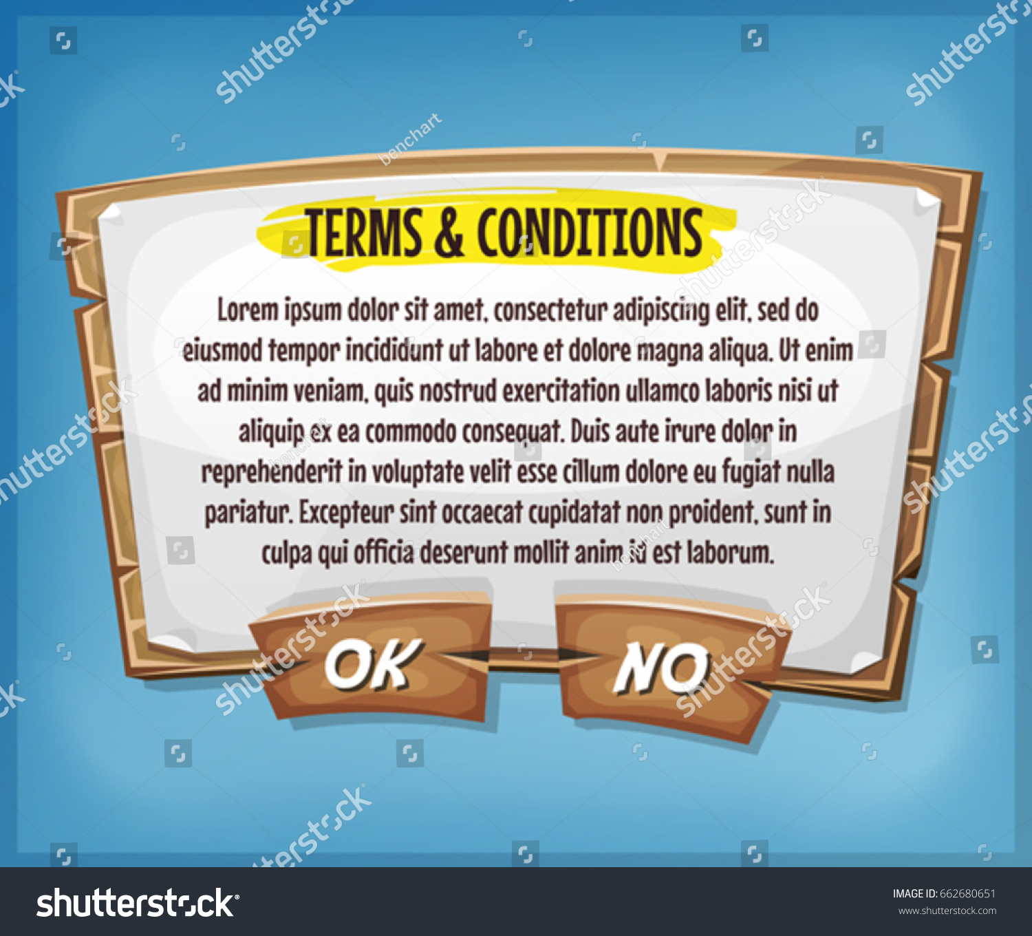 stock vector wood terms and conditions agreement panel for ui game illustration of a cartoon wooden terms and 662680651