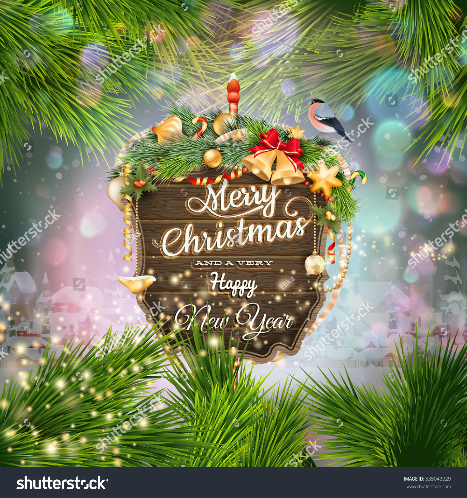 Wooden Banner With Christmas Fir-Tree Branches. Eps 10 Vector File Included - 535043029