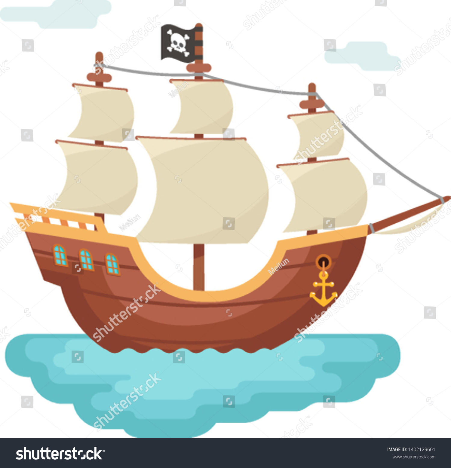SVG of Wooden boat pirate buccaneer sailing filibuster bounty corsair journey sea dog ship game isolated icon cartoon flat design vector illustration svg