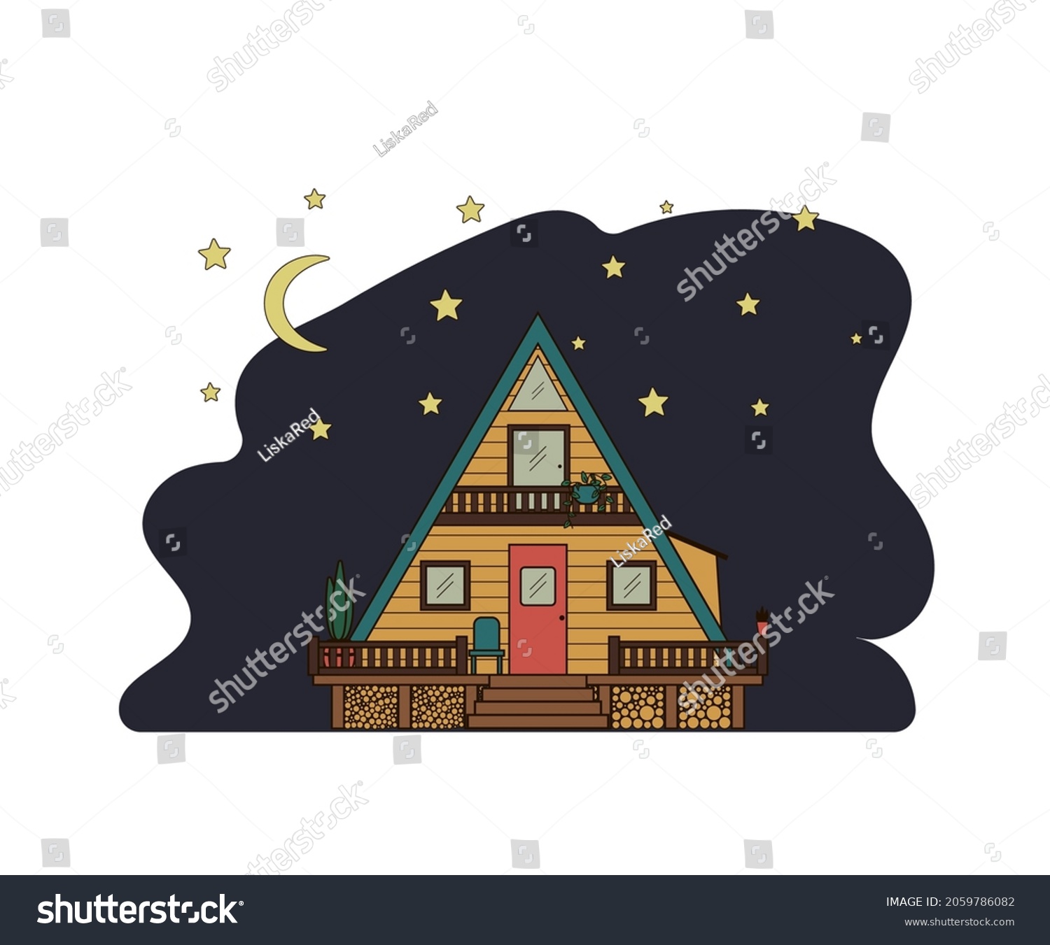 SVG of Wooden cabin on stilts against the background of the night sky and stars. Cozy hut with a veranda and a porch. svg