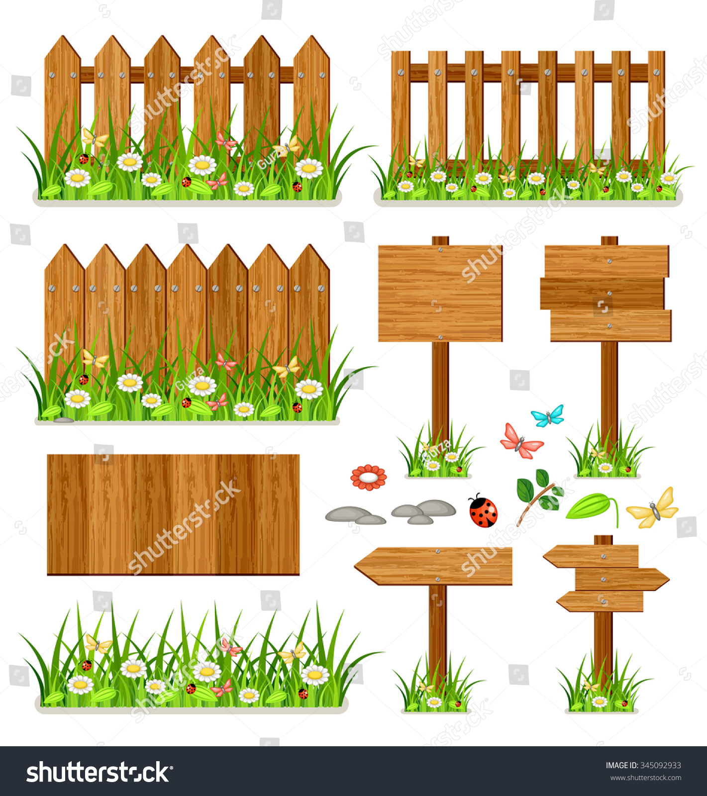 Wooden Fence Grass Flowers Stock Vector Royalty Free