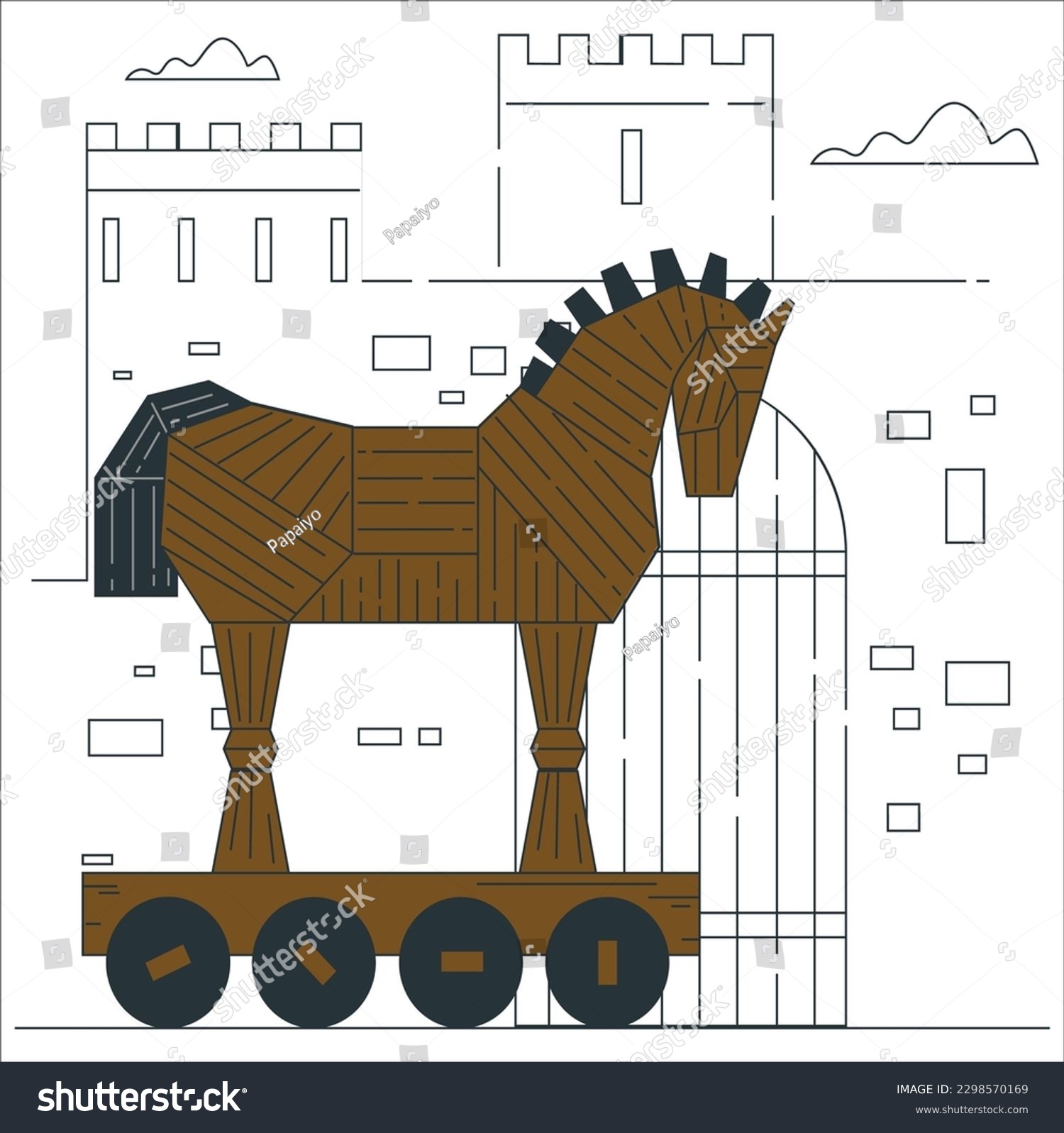SVG of Wooden Horse, Trojan horse view. After the filming of the movie Troy,The wooden horse that was used as a prop was donated to the city. Trojan horse pop art retro vector svg