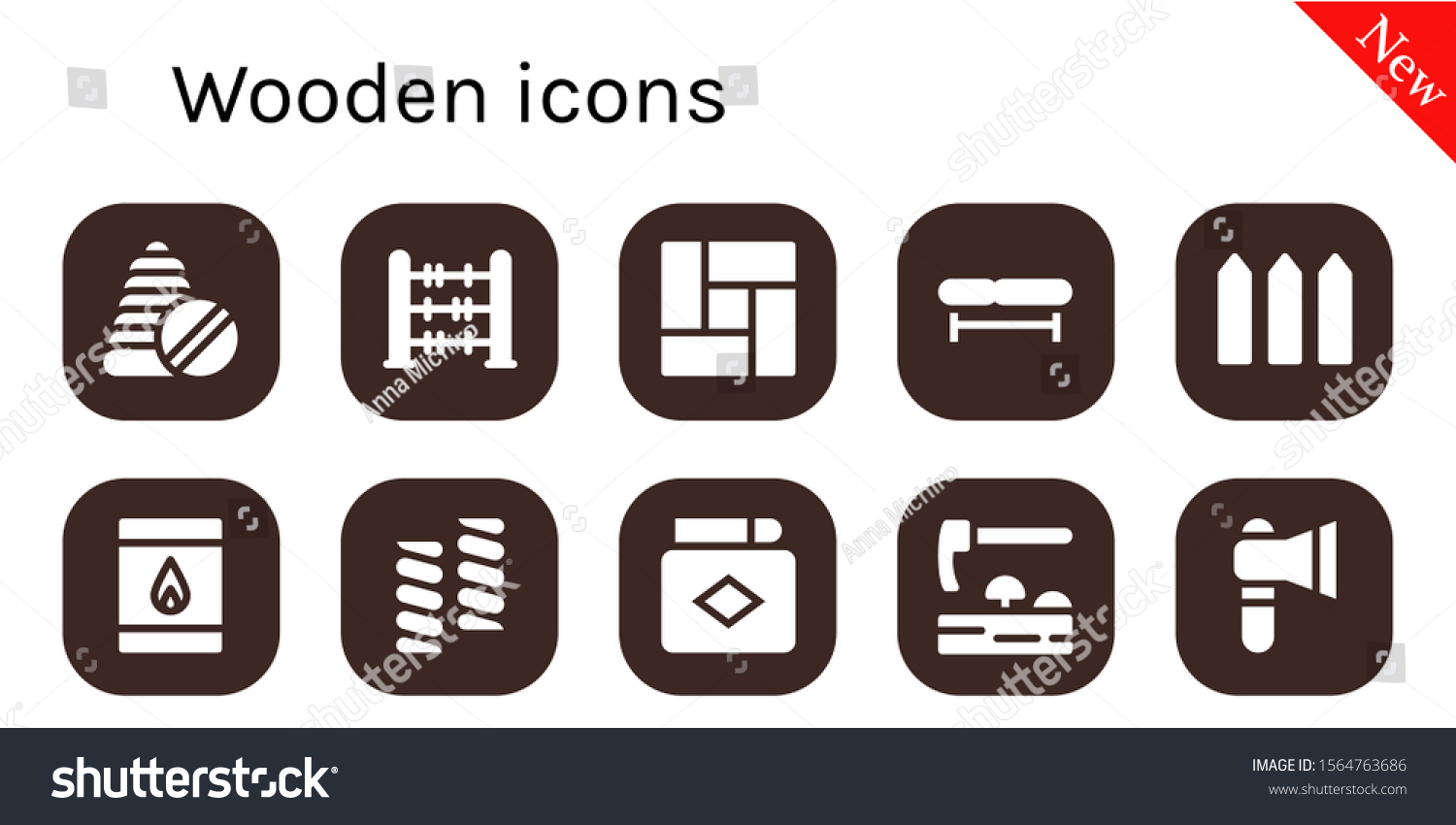 SVG of wooden icon set. 10 filled wooden icons.  Simple modern icons about  - Toys, Abacus, Floor, Bench, Fence, Matchbox, Marshmallow, Match, Adze, Axe svg