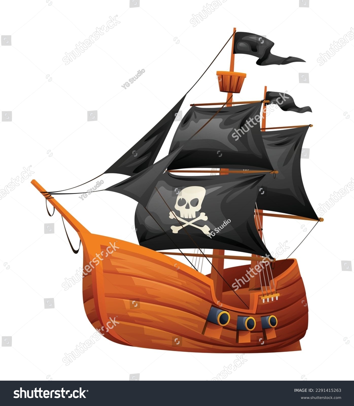SVG of Wooden pirate ship illustration. Cartoon sailing ship isolated on white background svg