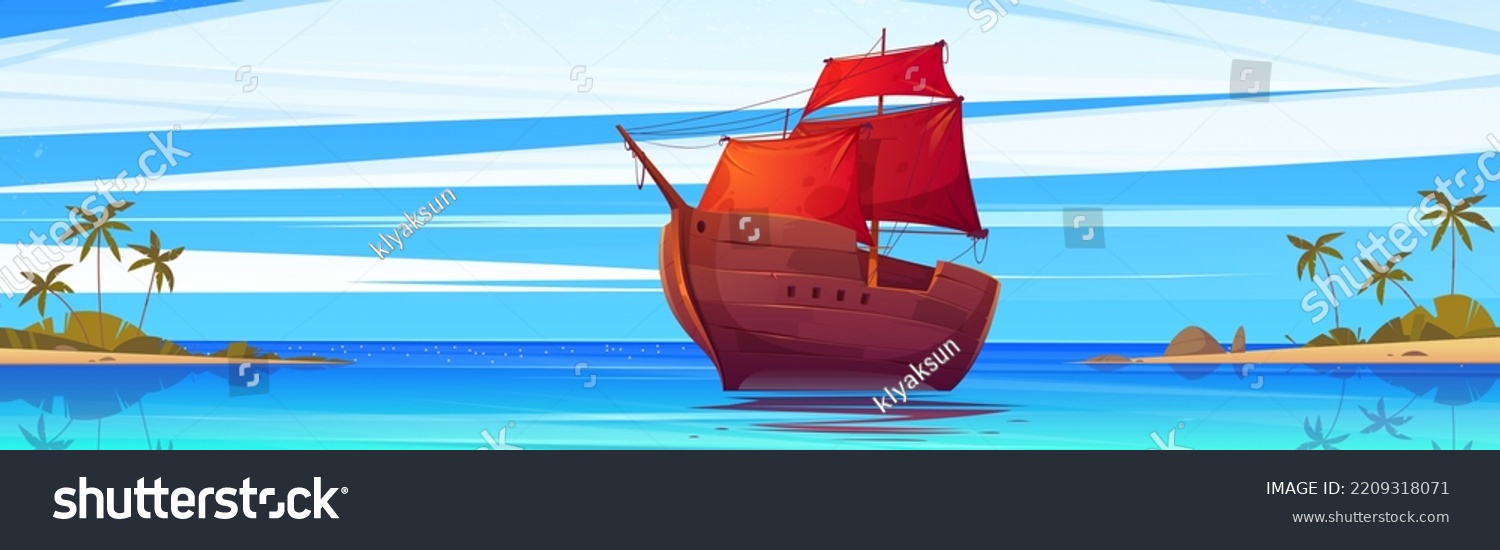 SVG of Wooden ship with red sails floating at seascape view with tropical island and palm trees under blue sky. Ancient frigate, galleon sailboat or caravel at calm sea landscape, Cartoon vector illustration svg