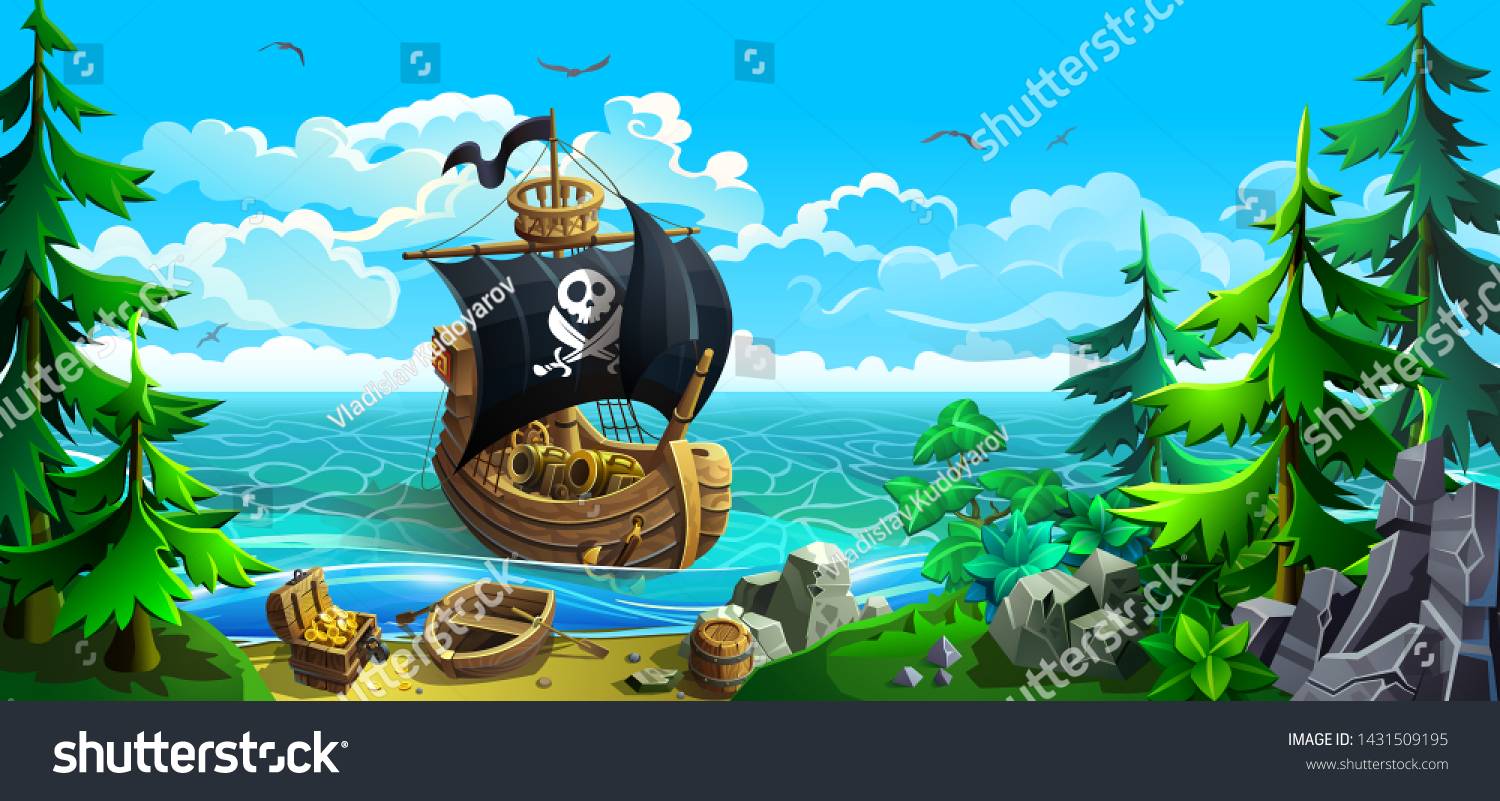 SVG of Wooden ship with sails. Pirates in search of treasure chests. Rocky coastline with firs and sandy beach. Vector illustration. svg
