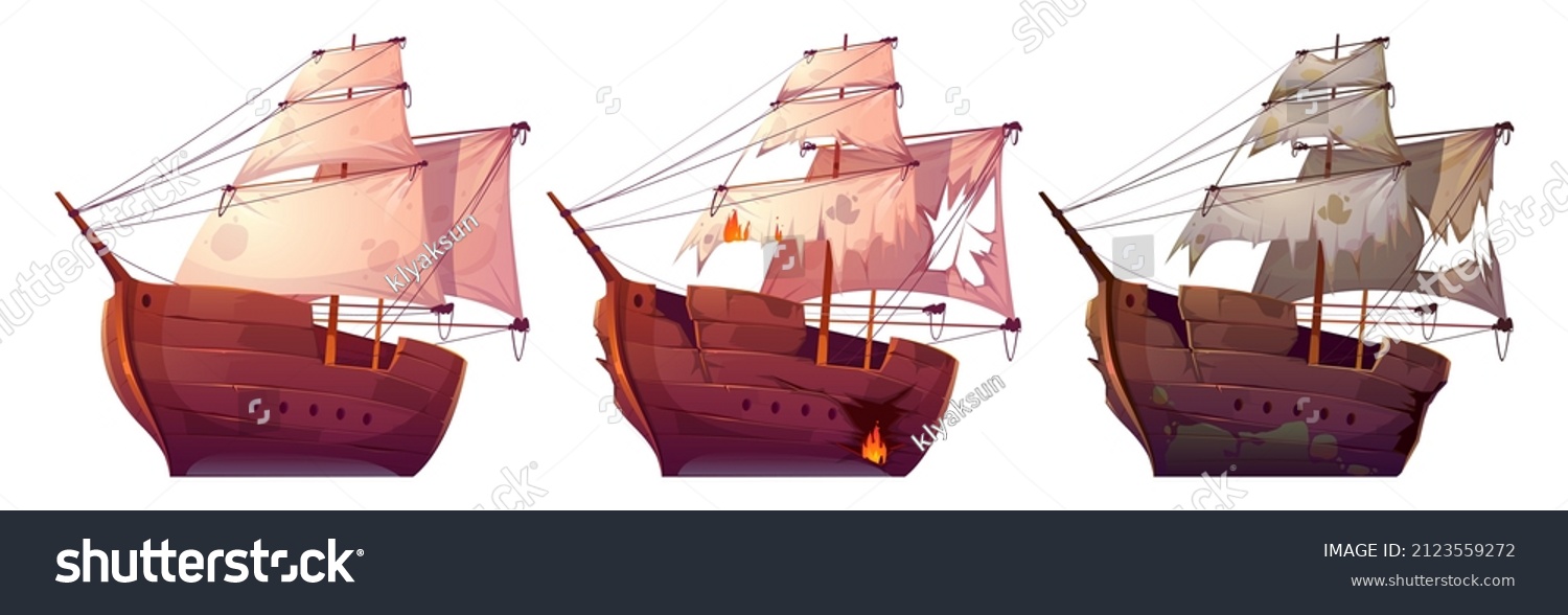 SVG of Wooden ships, isolated wood boats with white sails. Old and new battleships, barges after shipwreck and sea battle with ragged sails and broken planks on white background, Cartoon vector illustration svg