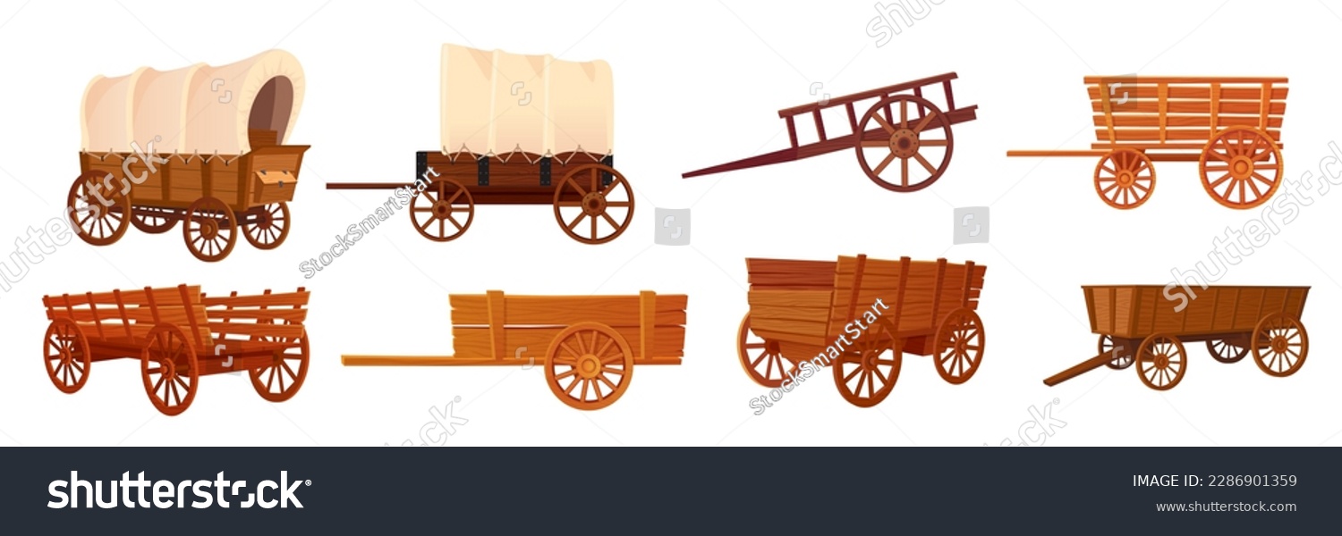 SVG of Wooden wagons. Covered tent wagon, farm handicraft vehicles old cartoon carts or western wheelbarrows, wild west carriage cowboy travel cart, ingenious vector illustration of cart for west farm svg