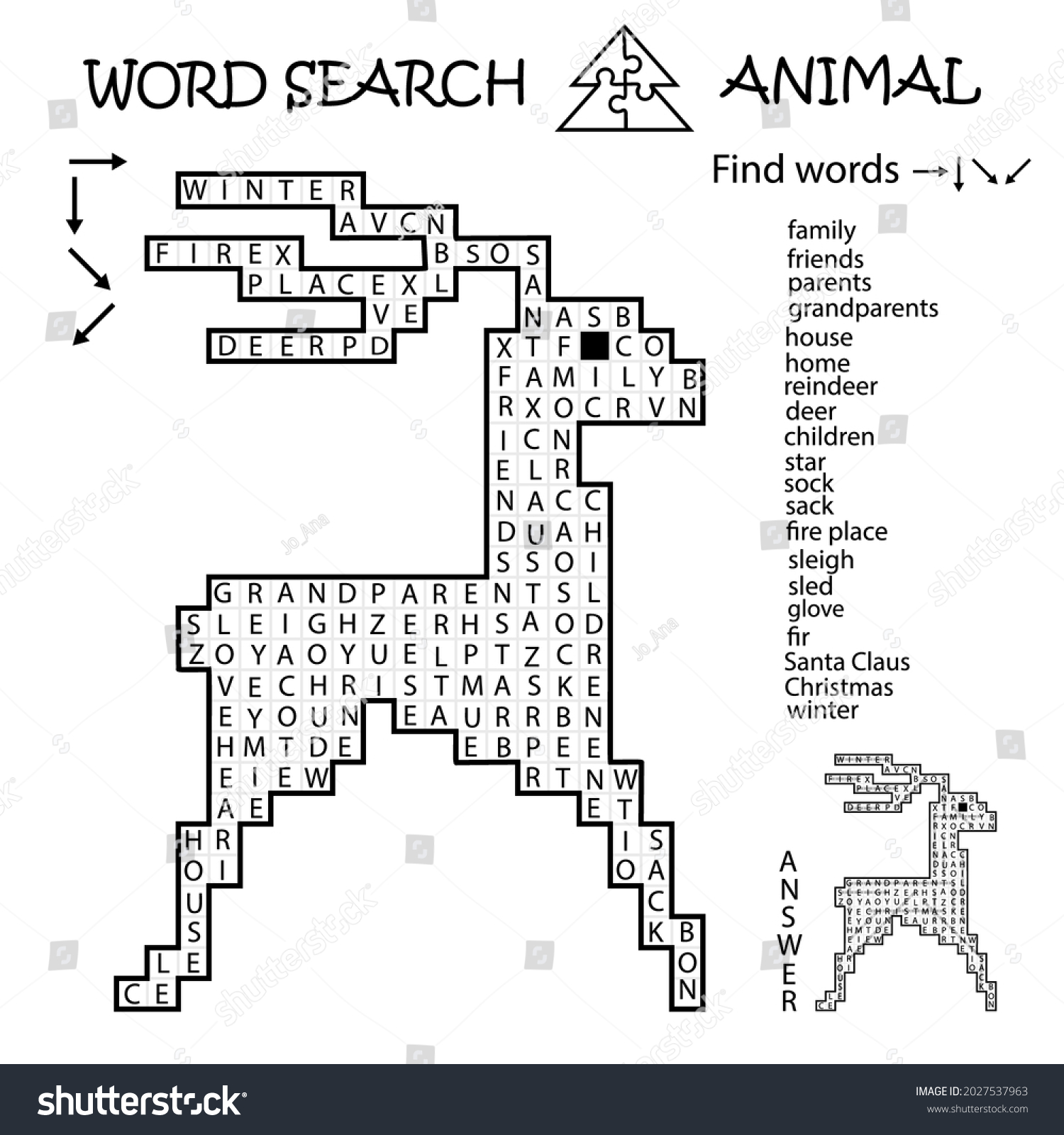 Word Search Crossword Puzzle Deer Winter Stock Vector (Royalty Free
