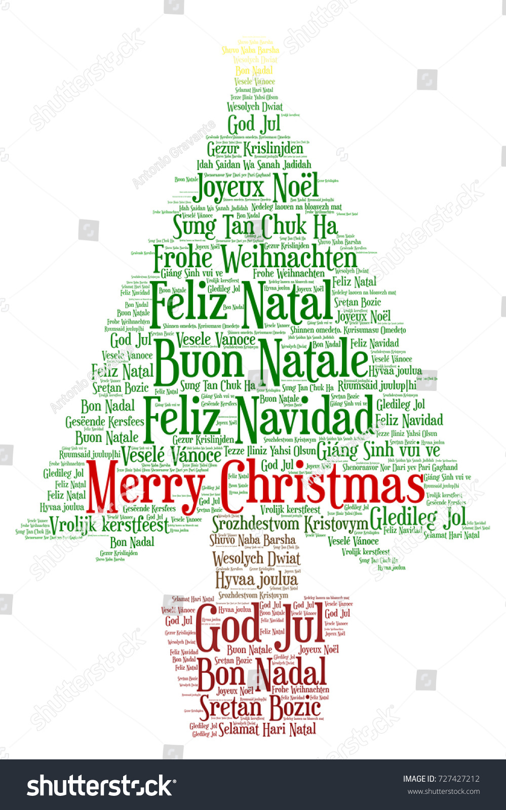 Words cloud Merry Christmas in all languages of the world made with christmas tree shape