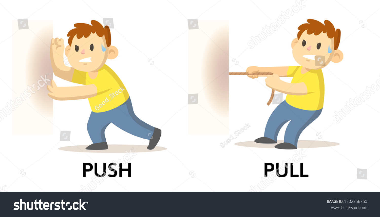 words-push-pull-textcard-cartoon-characters-stock-vector-royalty-free