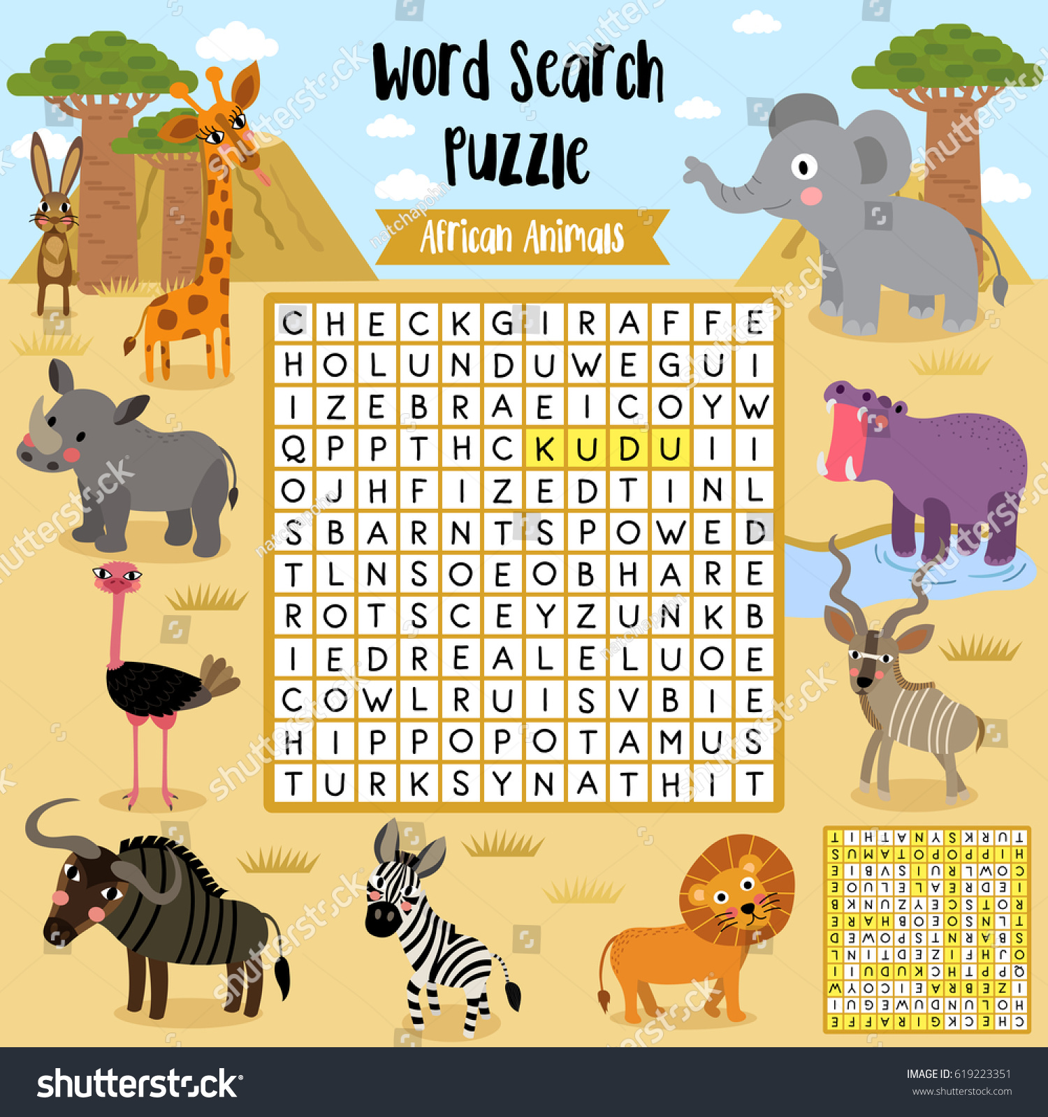 words search puzzle game african animals stock vector