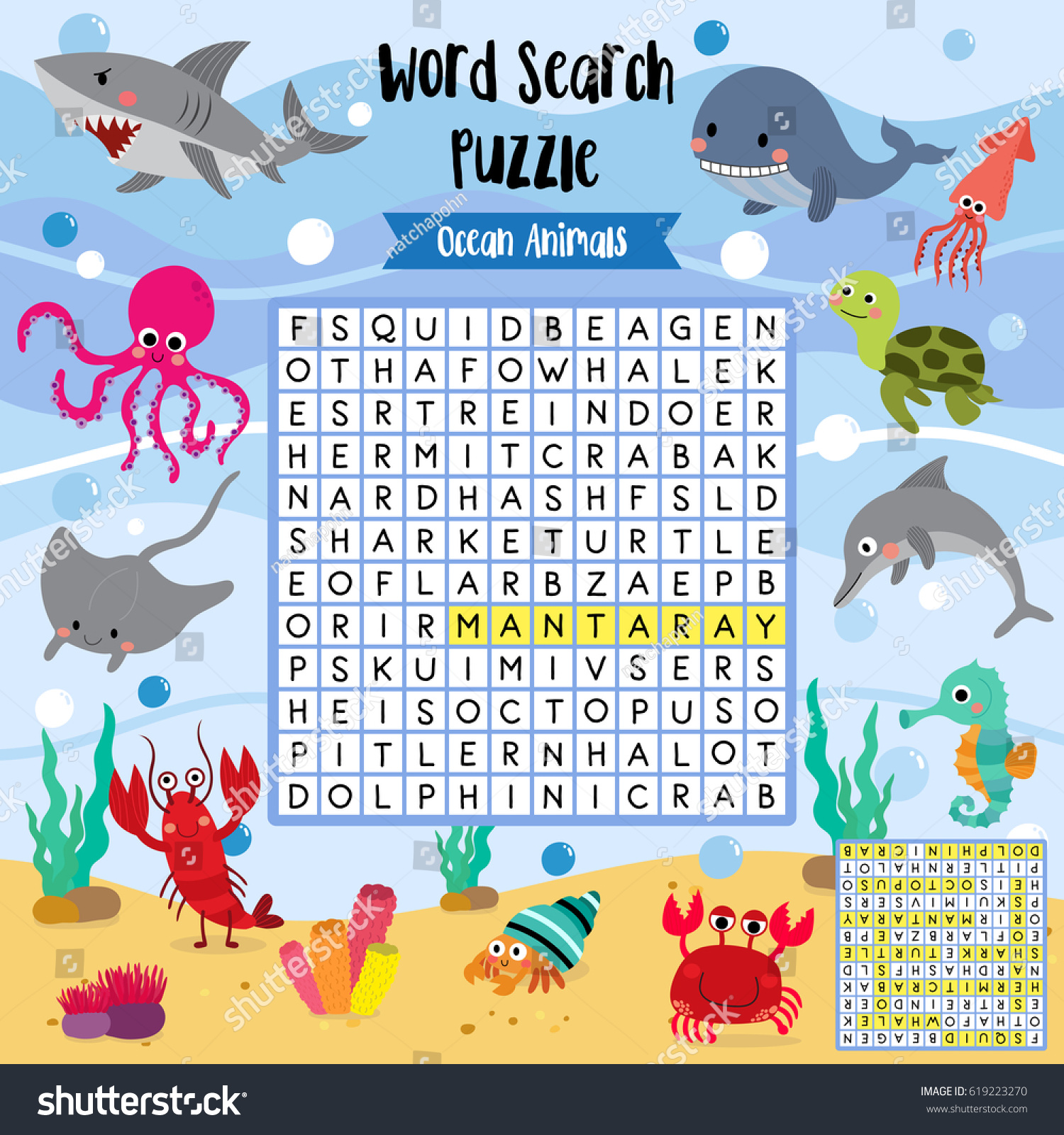 words search puzzle game ocean animals stock vector royalty free 619223270 shutterstock