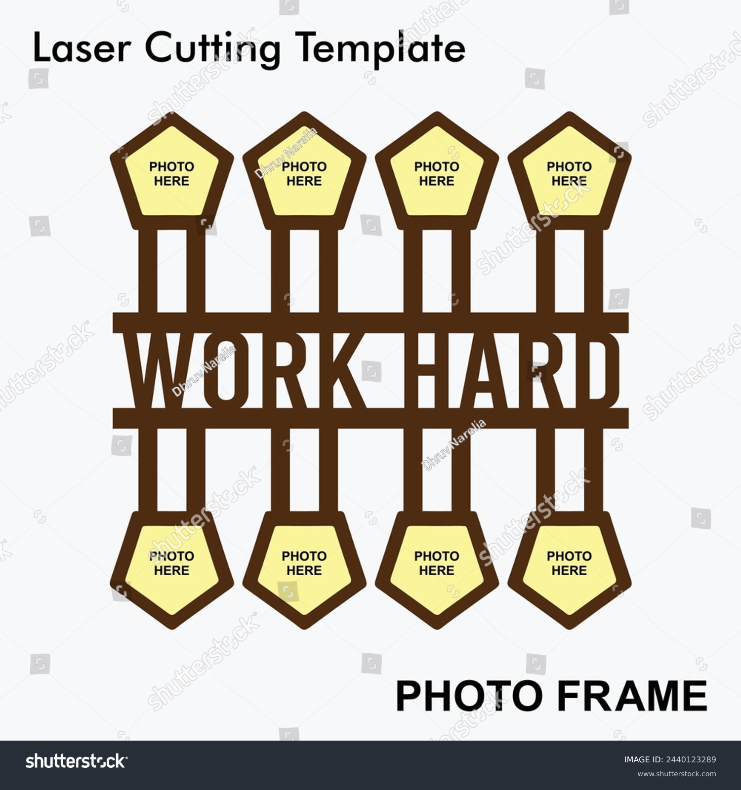 SVG of Work Hard laser cut photo frame with 8 photo. Home decor wooden sublimation frame template. Suitable for home and room decor. Laser cut photo frame template design for mdf and acrylic cutting. svg