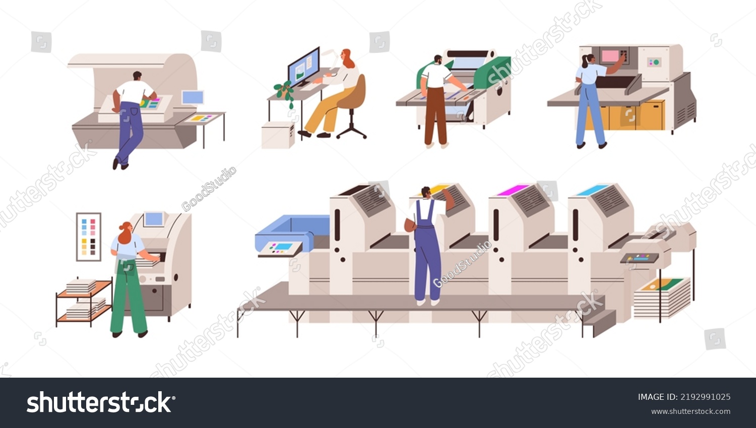 SVG of Work with polygraphy equipment in publishing industry, production. Digital, offset devices, machines set for print, color proof, cut, laminate. Flat vector illustrations isolated on white background svg