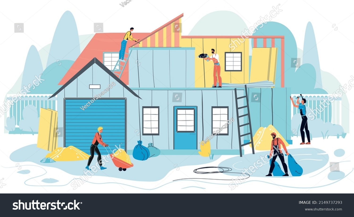 Worker Team Engaged House Exterior Roof Stock Vector (Royalty Free ...