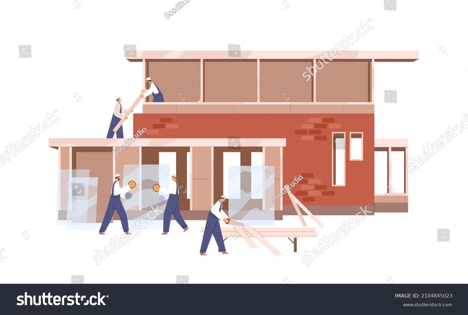 SVG of Workers building home, installing windows. Builders work outdoors, constructing residential house. Construction and renovation process. Flat graphic vector illustration isolated on white background svg