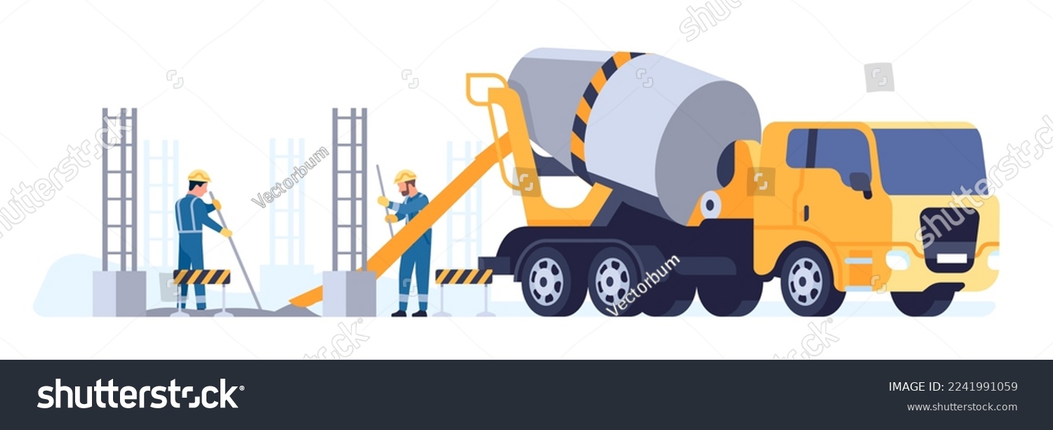 SVG of Workers pour cement from concrete truck. Mixer machine. Building material transportation. Architecture construction foundament. Industrial vehicle. Builders in uniform svg