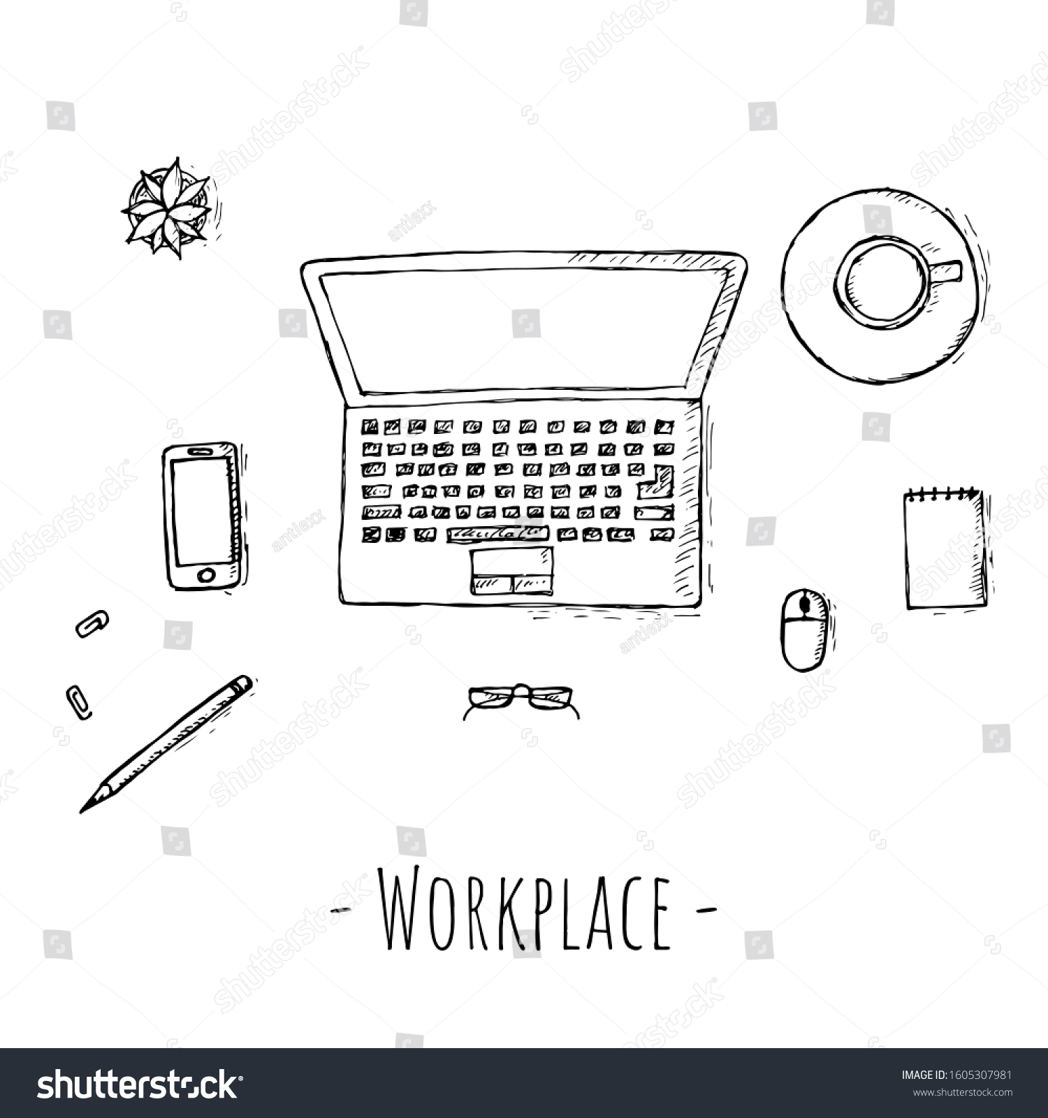 Workplace Handdrawn Illustrations Top View Vector Stock Vector (Royalty ...