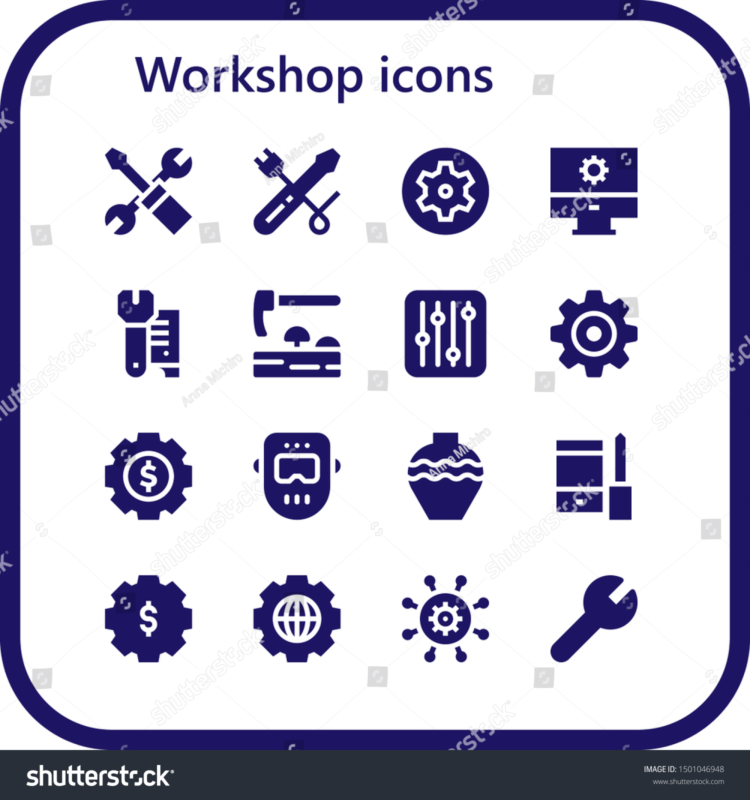 SVG of workshop icon set. 16 filled workshop icons.  Collection Of - Settings, Screwdriver, Wrench, Adze, Welder, Pottery, Configuration svg