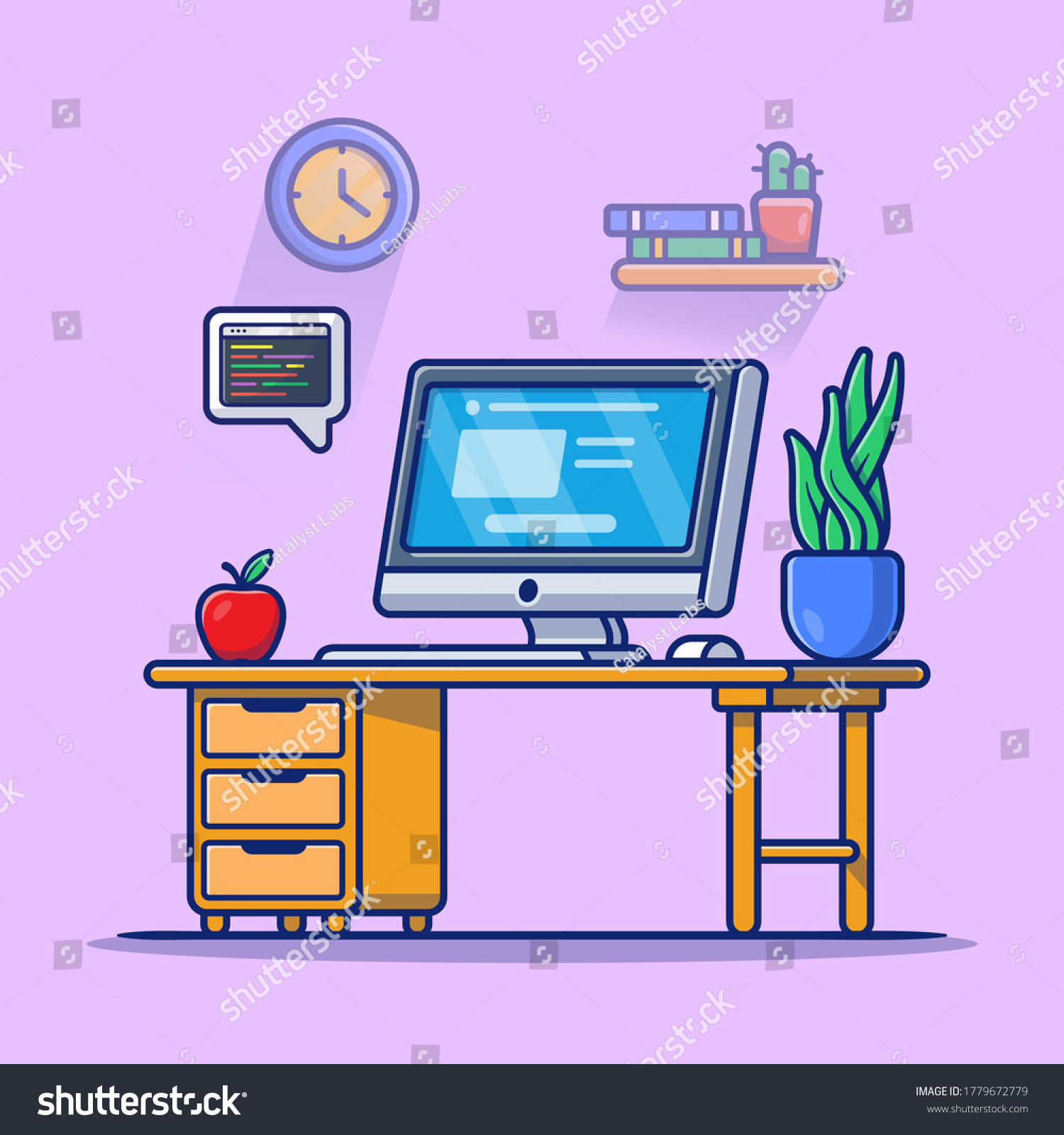 Workspace Computer Apple Plant Cartoon Vector Stock Vector (Royalty ...