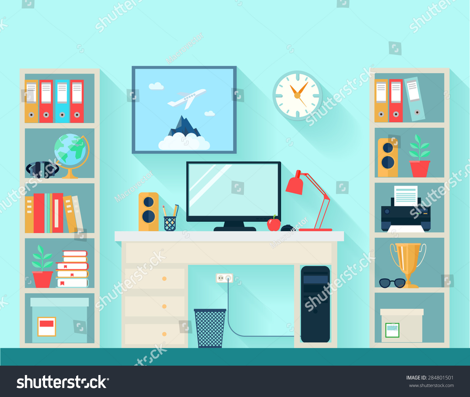 stock vector workspace in room with computer table and bookshelves on blue wallpaper background flat vector 284801501