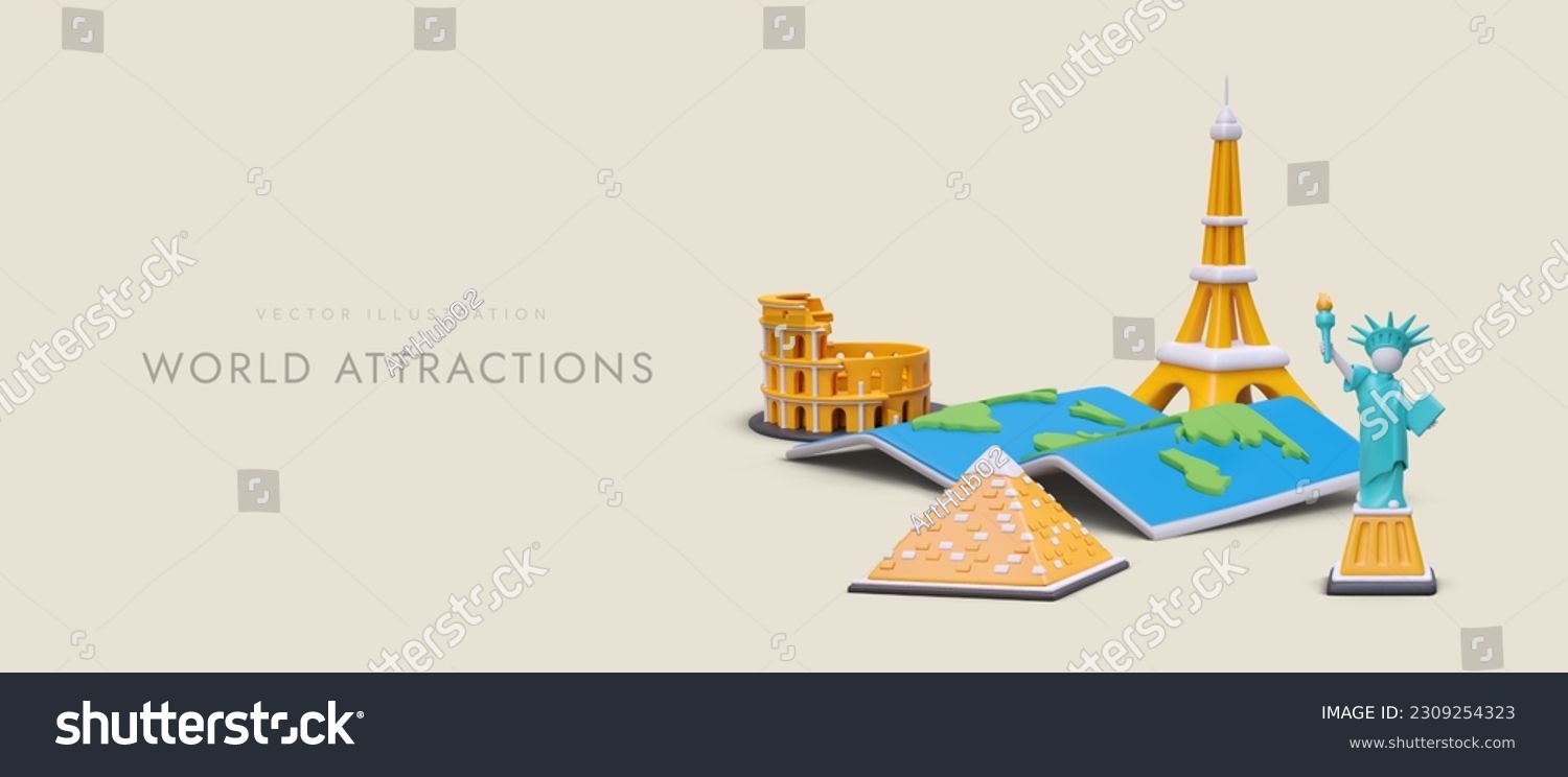 SVG of World attractions. Tours to famous tourist destinations. Flights and trips to different countries. Ticket reservation services, organization of excursions. Modern web design template with 3D elements svg