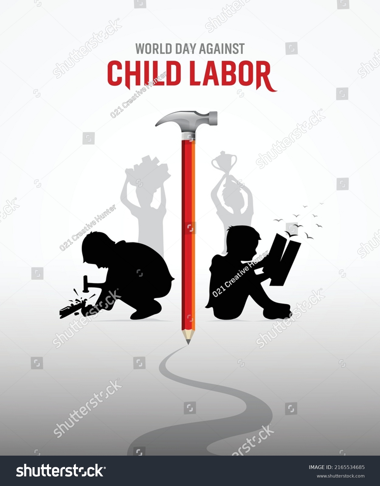 SVG of World day against Child Labor. Anti child labor day. Let's bring child labor down. Kids working on one side and on another side kids win the cup. Stop Child Labor. Hammer, pen, pencil, Vector art. svg