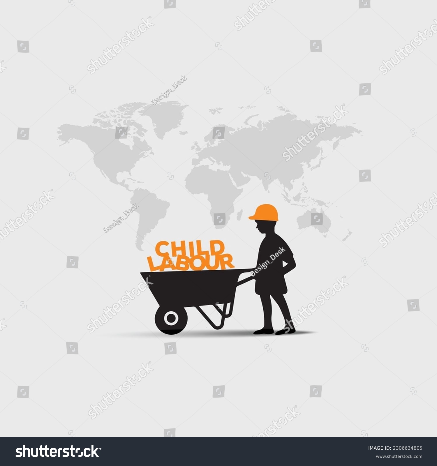SVG of World day against Child Labor. Let's bring child labor down. A silhouette of a child labor cart with a world map, boy pushing a wheelbarrow, stop child labour vector svg