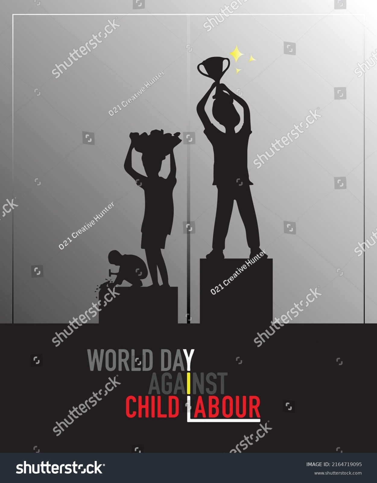 SVG of World day against Child Labor. Let's bring child labor down. Kids working on one side and on another side kids win the cup. Light Background, isolate view. Silhouette people art. Vector illustration. svg