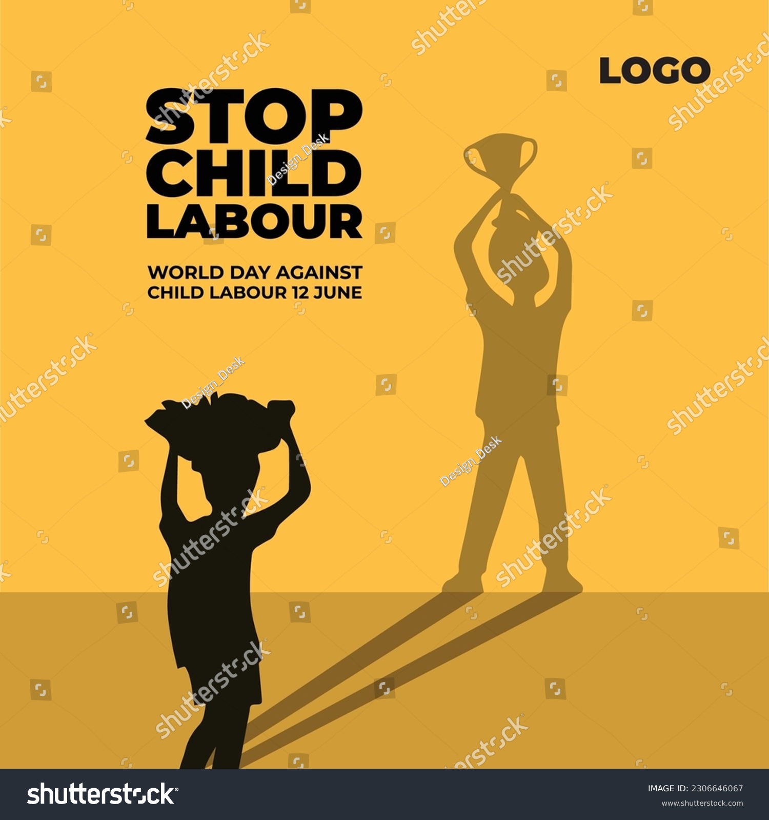 SVG of World day against Child Labor. Let's bring child labor down. Kids working on one side and on another side kids win the cup. Light Background, isolate view. Silhouette people art. Vector illustration. svg