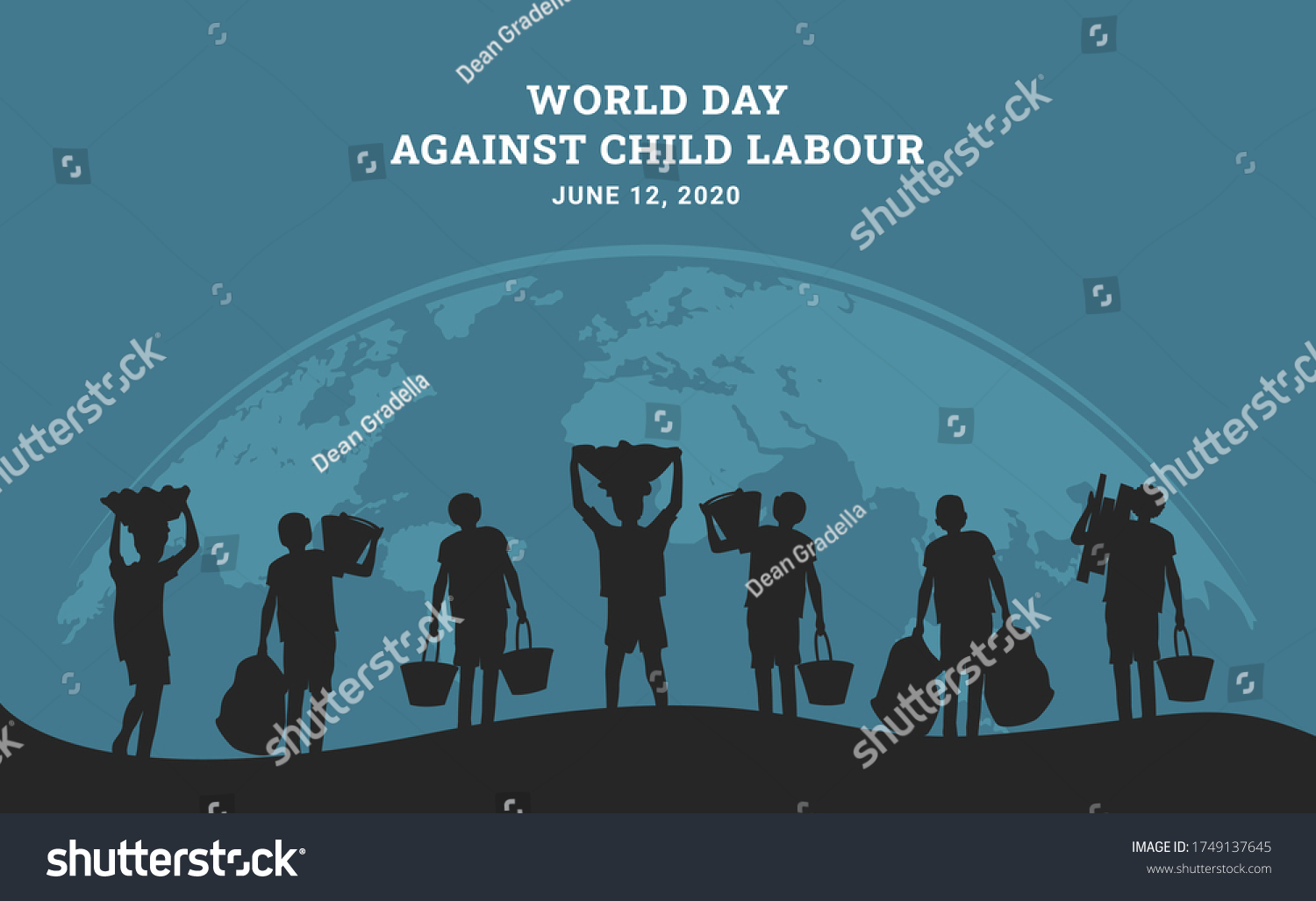 SVG of World day against child labour background with curved world map and children working silhouette. Flat style vector  illustration concept of child exploitation campaign for poster and banner. svg