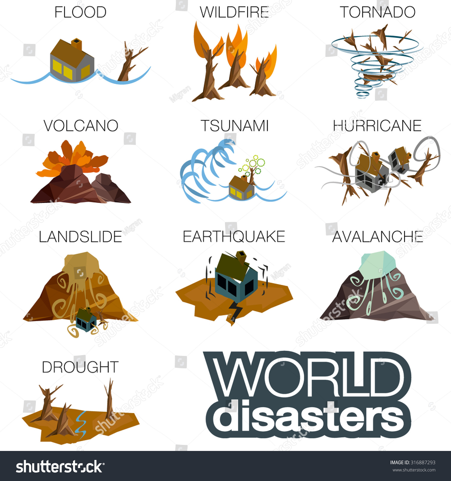 World Disasters Flood Wildfire Tornado Hurricane Stock Vector 316887293 ...