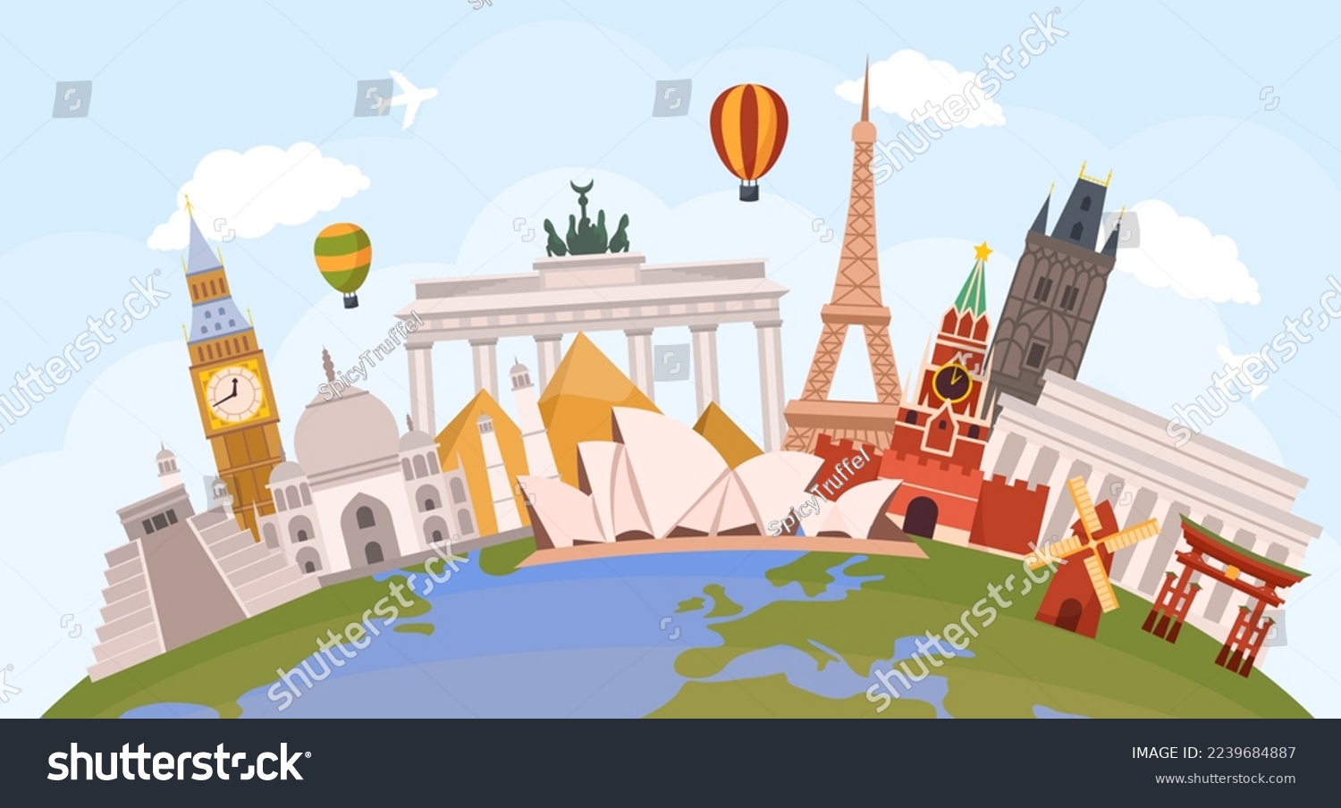 SVG of World landmarks. Global travel. Architecture and monuments. Tourists in abroad country. Famous culture heritage. City tour. Earth planet and historic buildings. Vector illustration concept svg