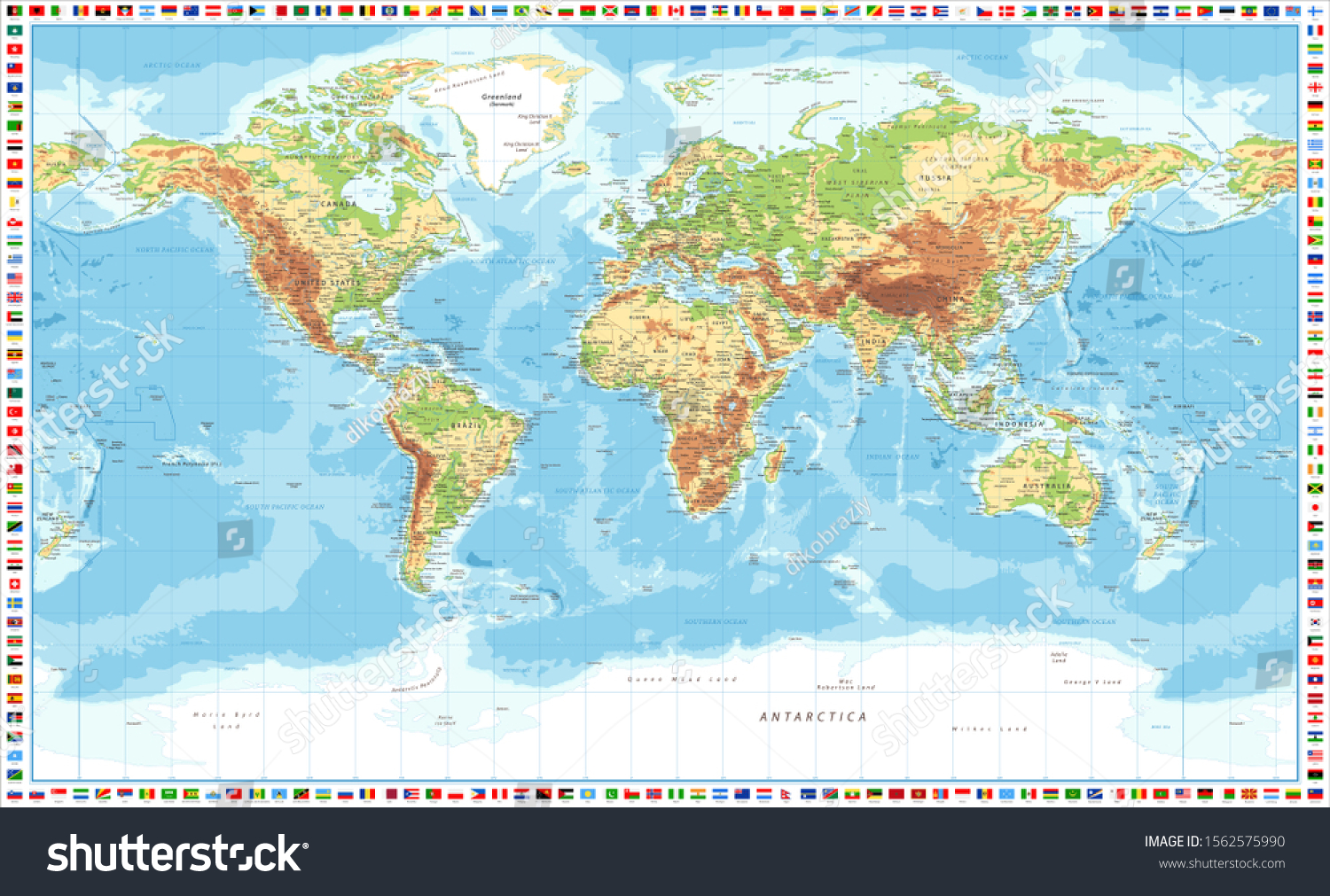 World Map Flags Physical Topographic Vector Stock Vector (Royalty Free ...