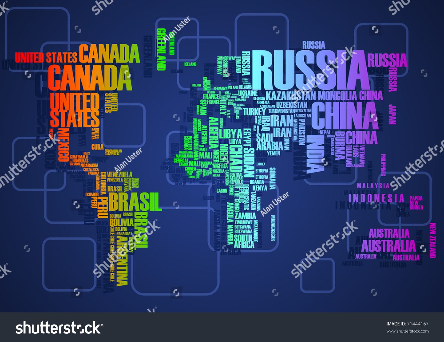 World Map: Countries In Wordcloud Stock Vector Illustration 71444167 ...