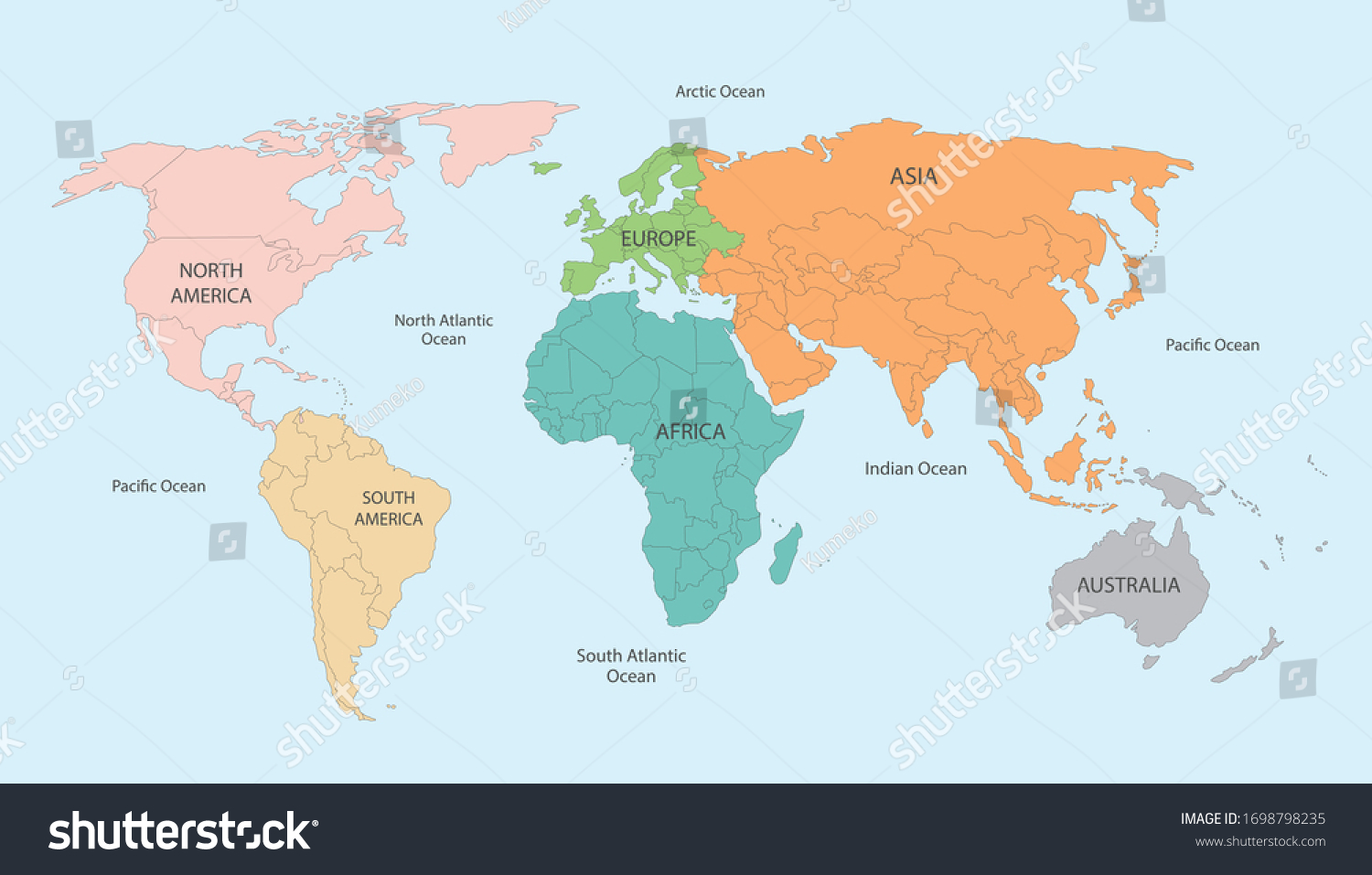 World Map Divided Into Six Continents Stock Vector (Royalty Free ...