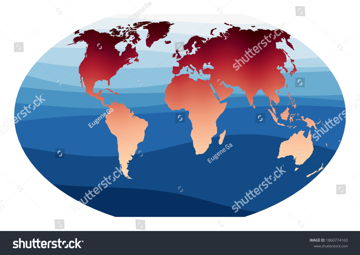 World Map Vector Winkel Tripel Projection Stock Vector Royalty Free   Stock Vector World Map Vector Winkel Tripel Projection World In Red Orange Gradient On Deep Blue Ocean Waves 1860774160 