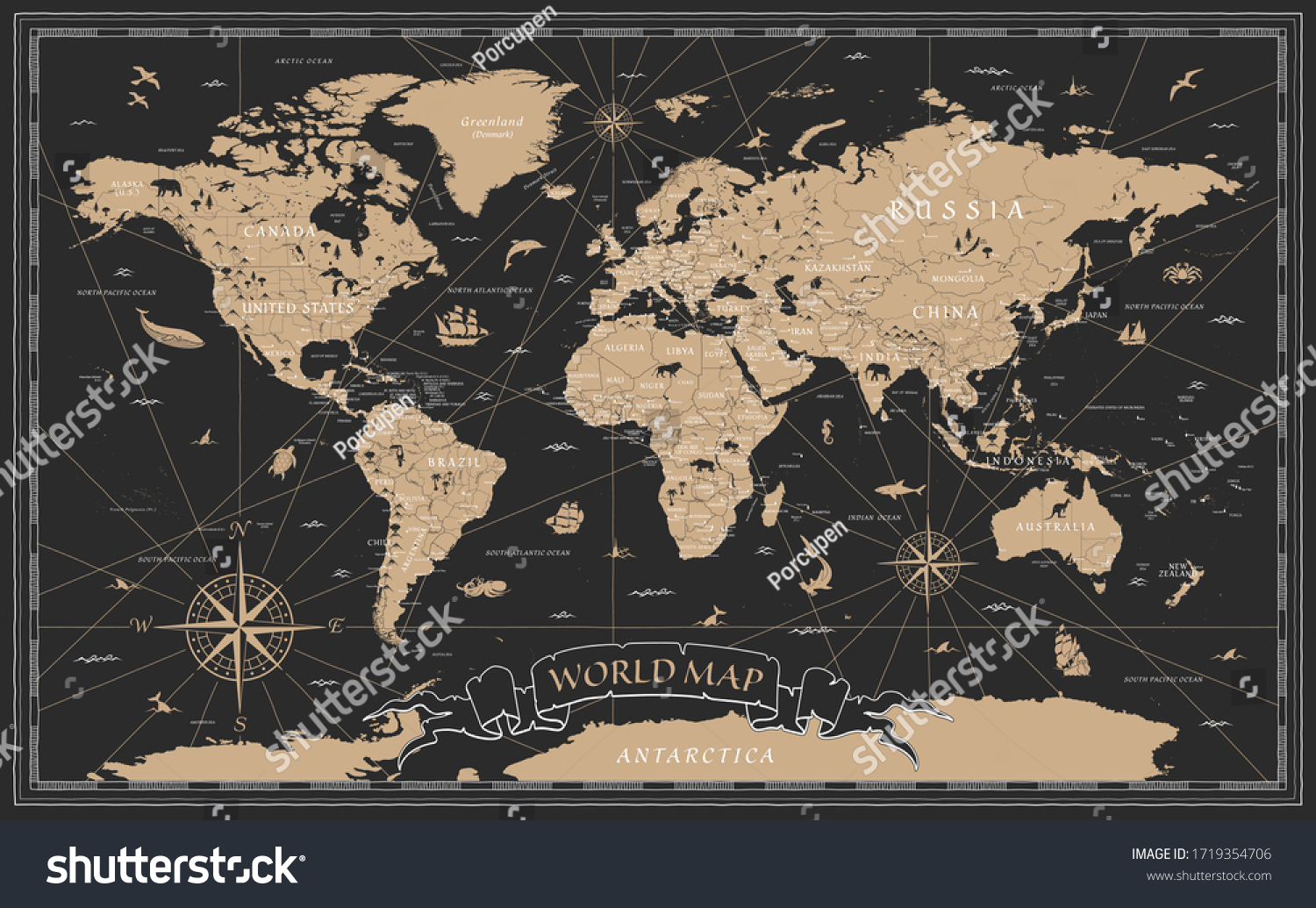 SVG of World Map Vintage Black Golden Detailed - Vector svg