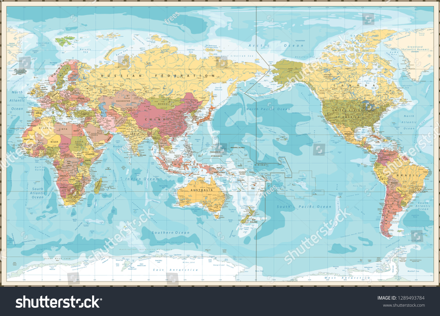 Pacific Centred World Map World Map Vintage Color Pacific Centred Stock Vector (Royalty Free)  1289493784 | Shutterstock