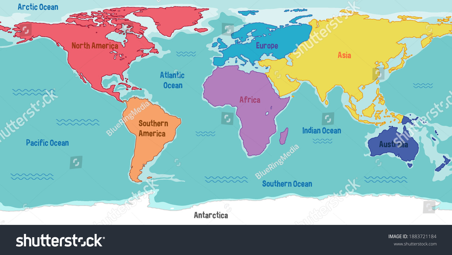 World Map Continents Names Oceans Illustration Stock Vector (Royalty ...