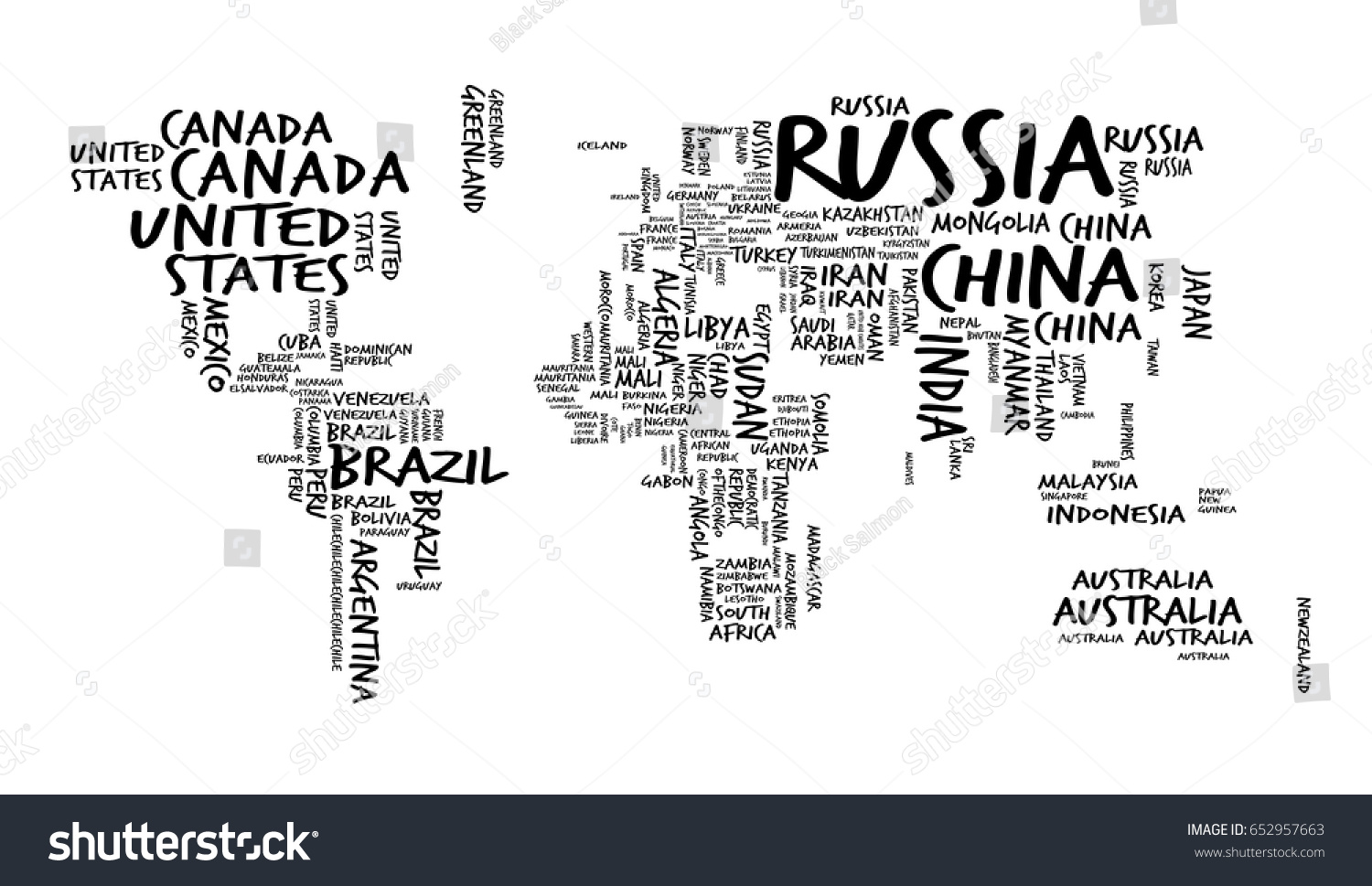 World Map Countries Name Text Typography Stock Vector