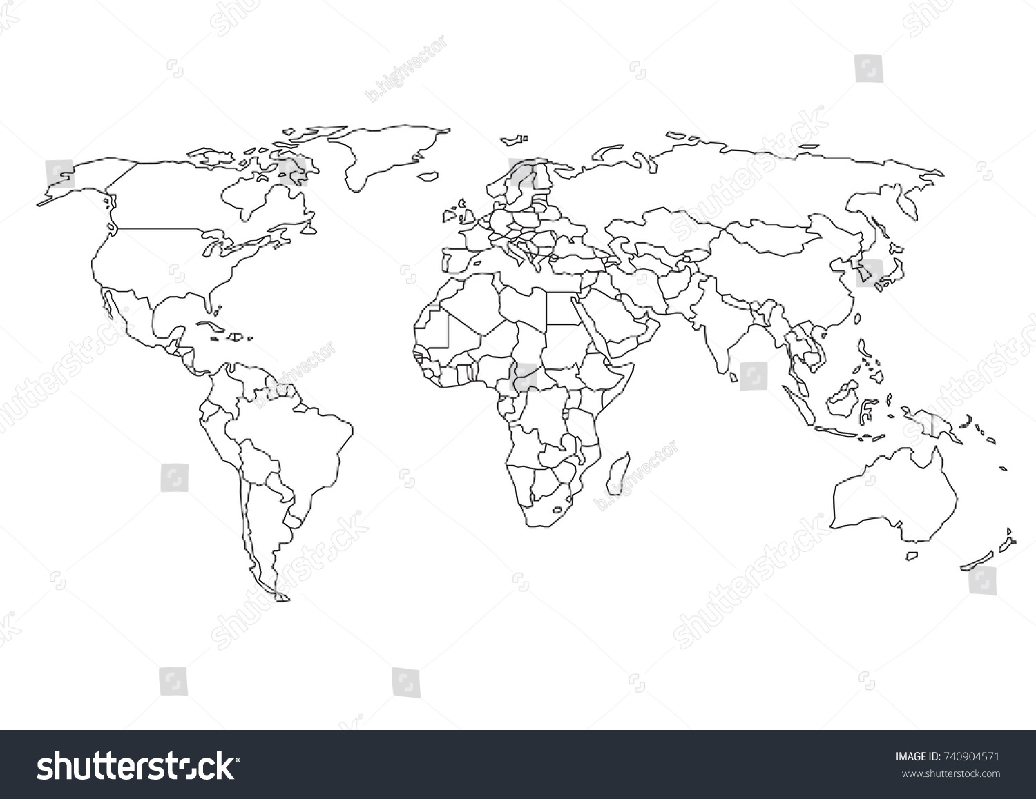 World Map Country Borders Thin Black Stock Vector Royalty Free