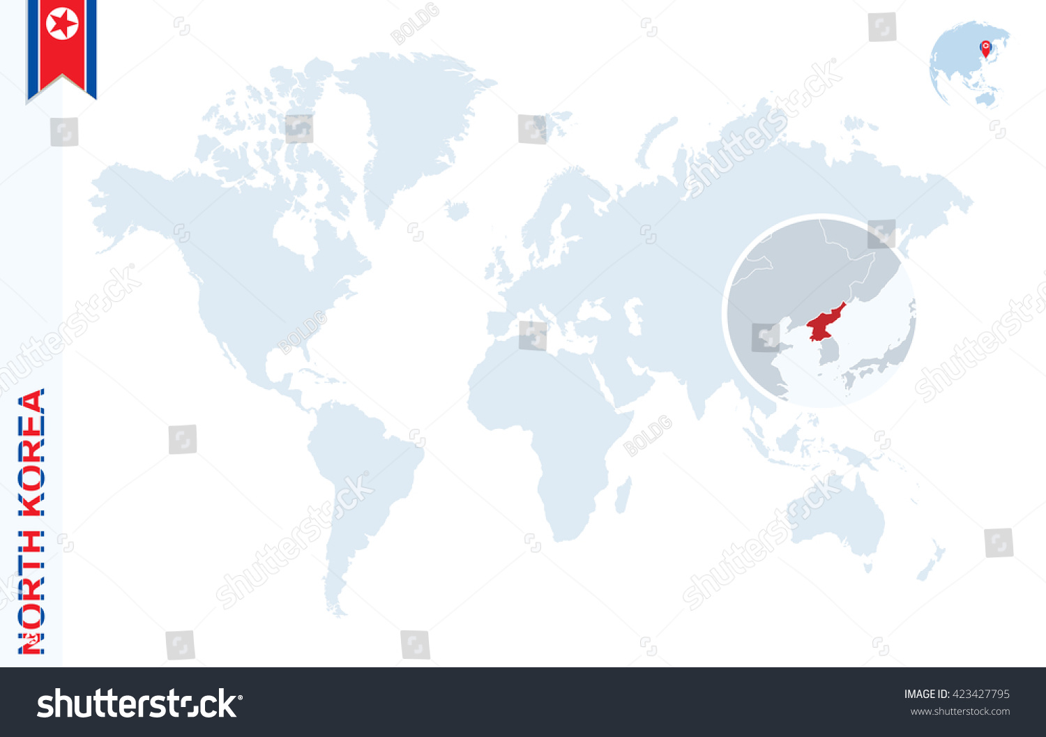 world map with magnifying on north korea blue earth globe with north korea flag pin