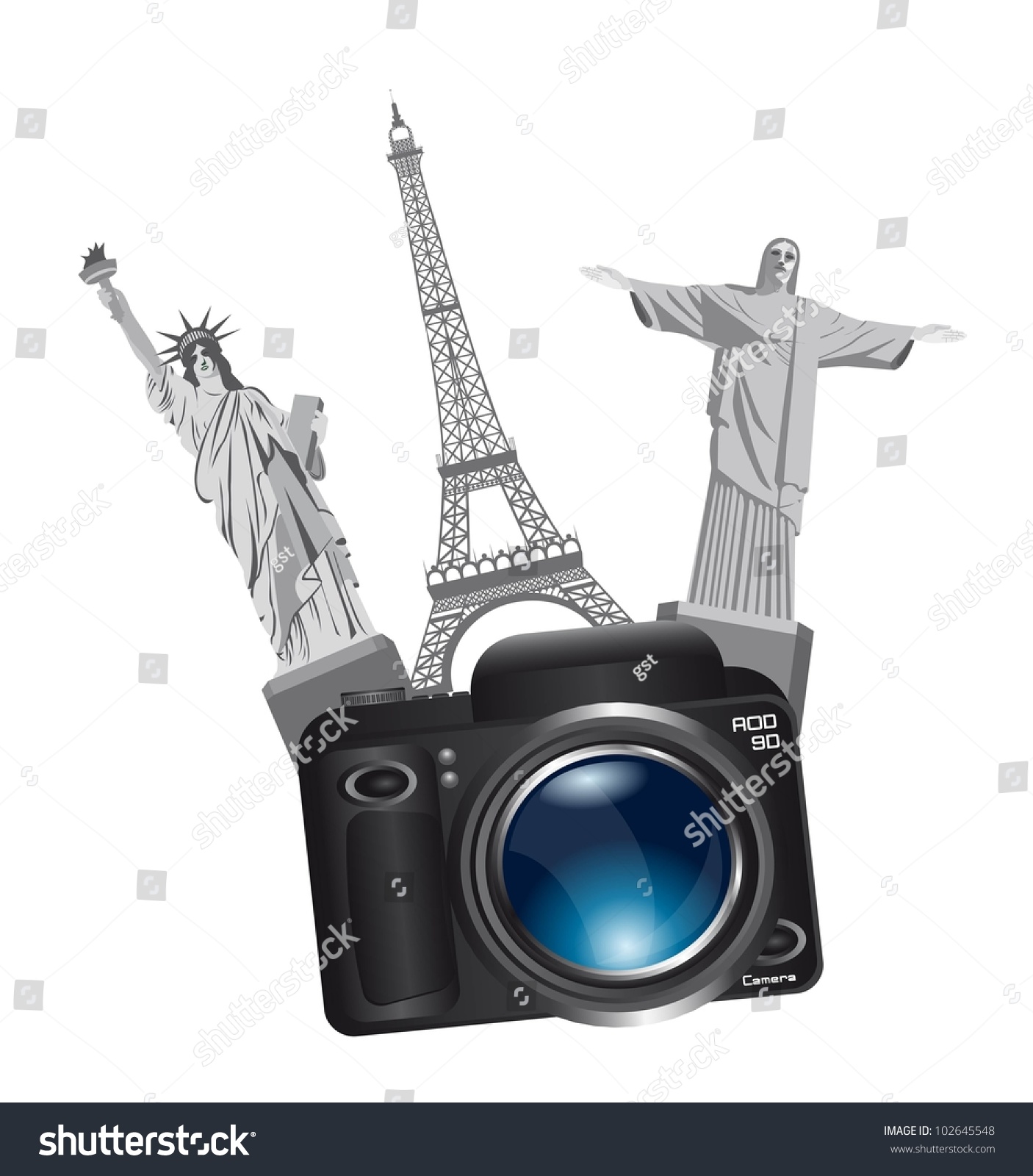 SVG of world monuments with camera isolated over white background. vector svg